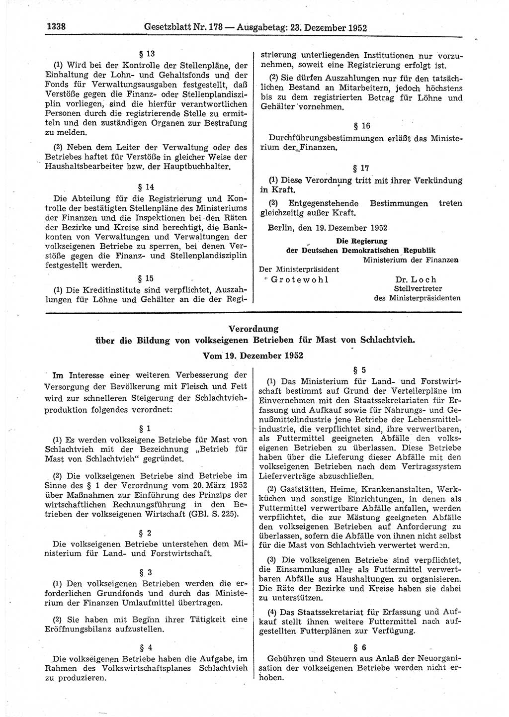 Gesetzblatt (GBl.) der Deutschen Demokratischen Republik (DDR) 1952, Seite 1338 (GBl. DDR 1952, S. 1338)