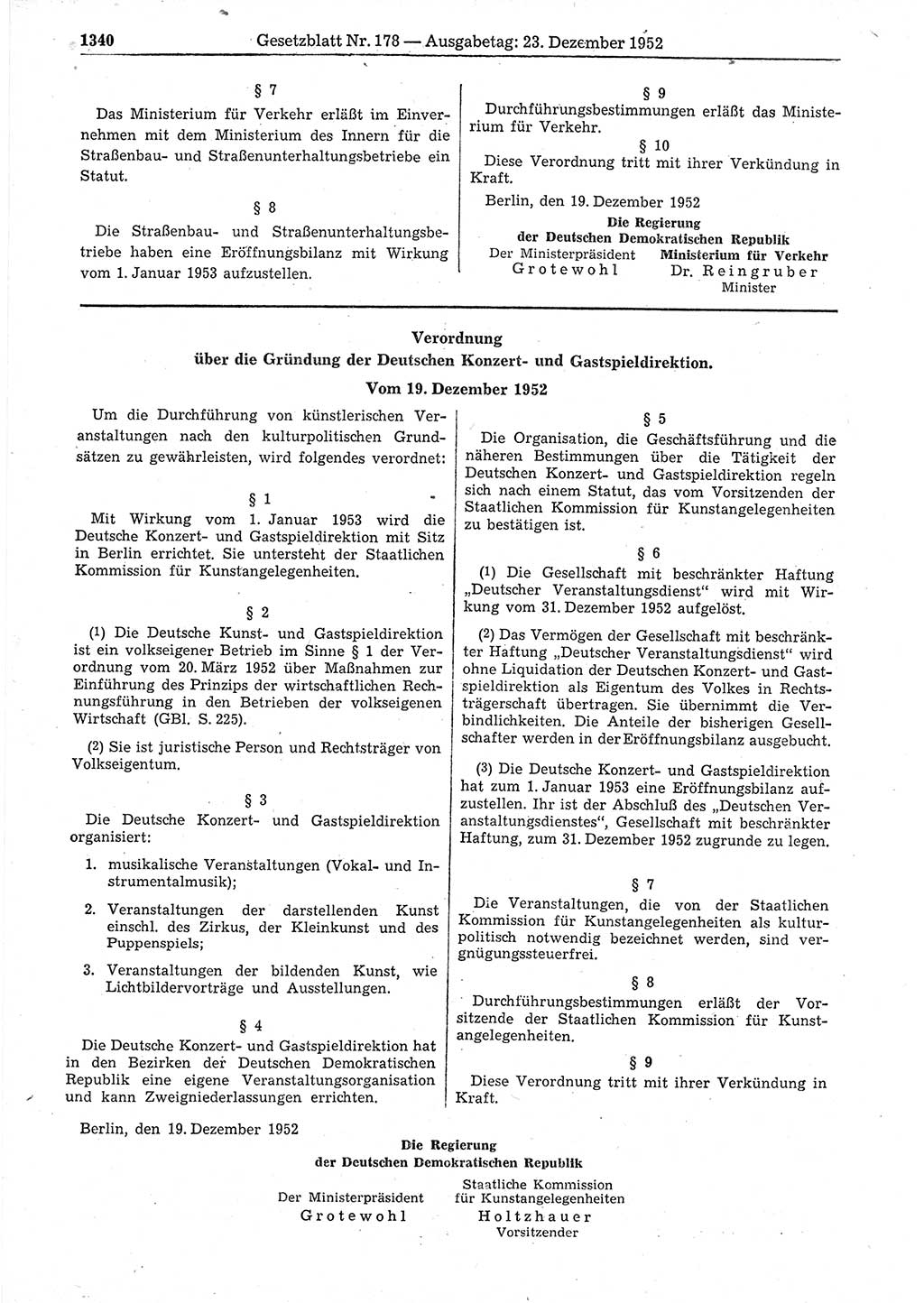 Gesetzblatt (GBl.) der Deutschen Demokratischen Republik (DDR) 1952, Seite 1340 (GBl. DDR 1952, S. 1340)