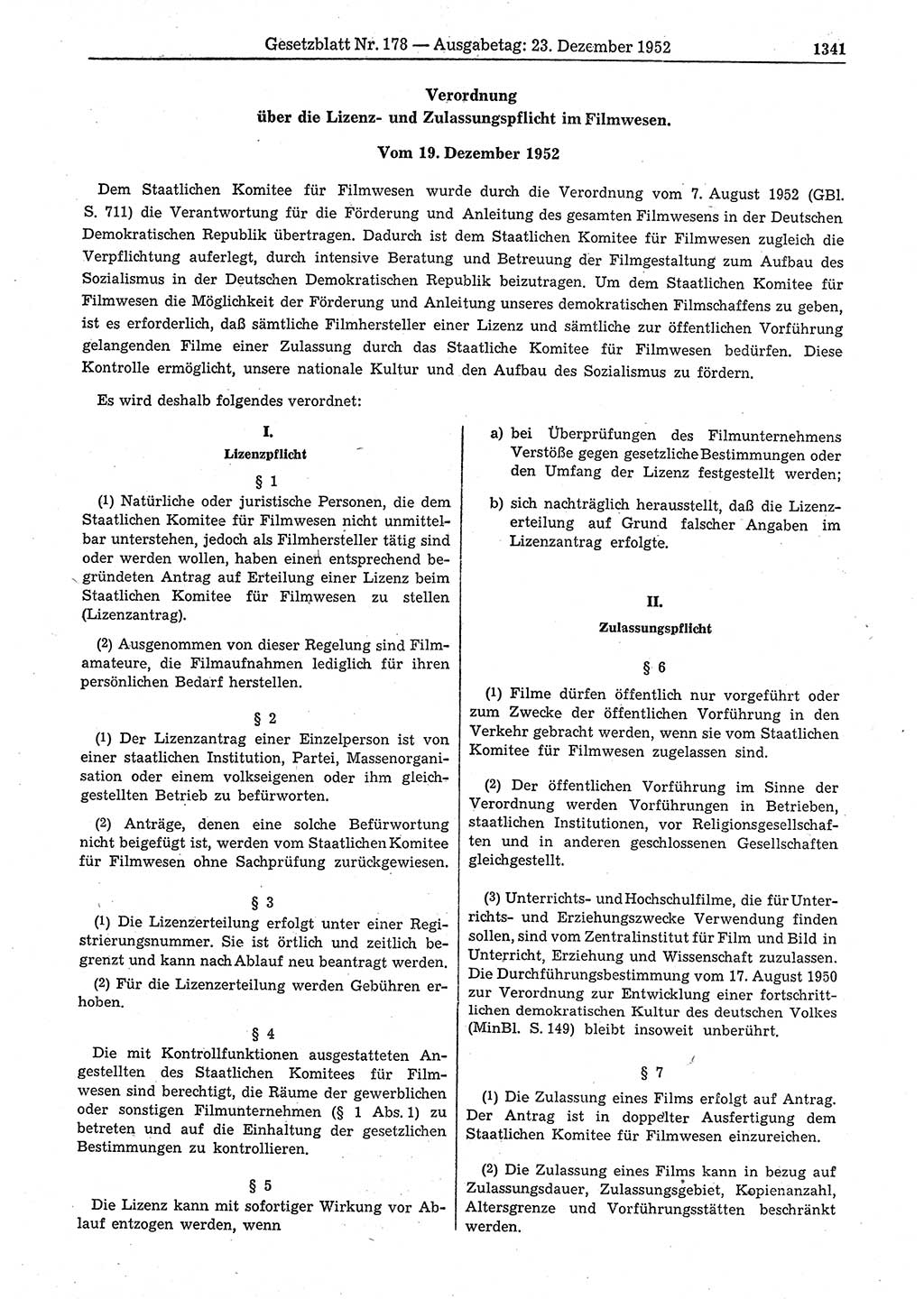 Gesetzblatt (GBl.) der Deutschen Demokratischen Republik (DDR) 1952, Seite 1341 (GBl. DDR 1952, S. 1341)