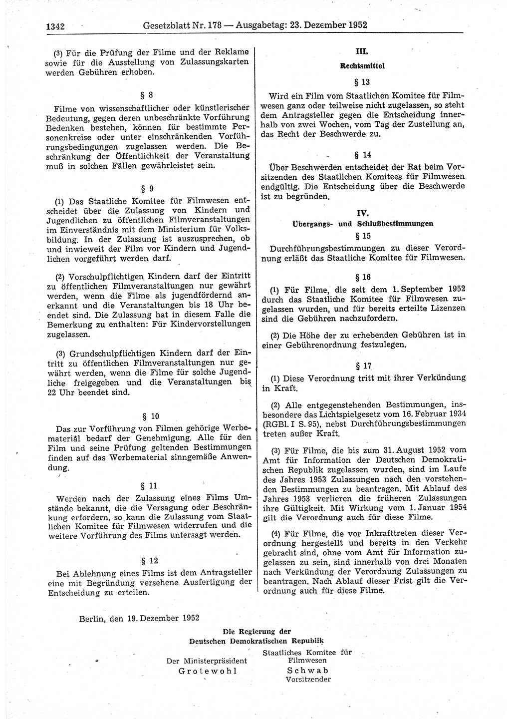 Gesetzblatt (GBl.) der Deutschen Demokratischen Republik (DDR) 1952, Seite 1342 (GBl. DDR 1952, S. 1342)