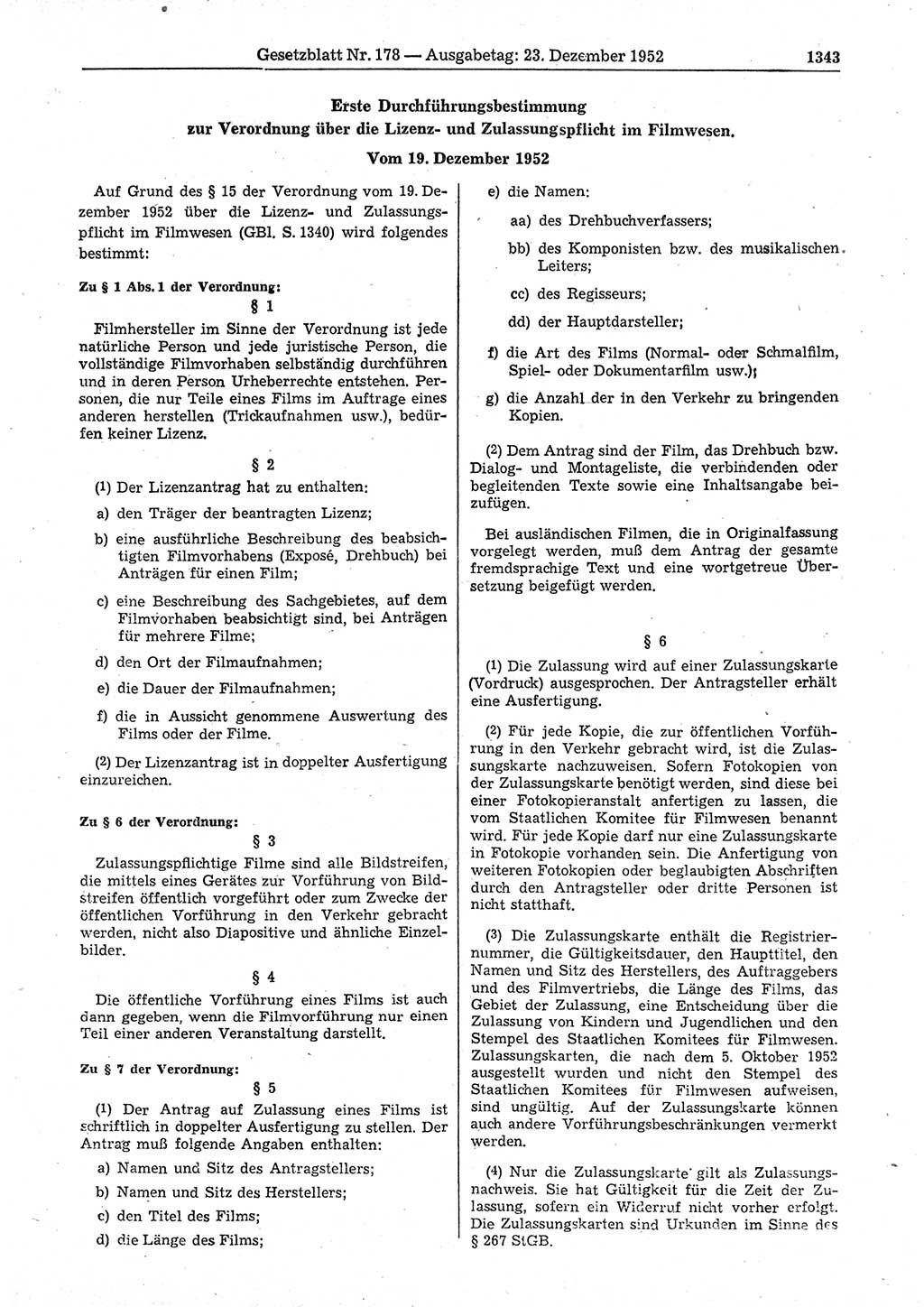 Gesetzblatt (GBl.) der Deutschen Demokratischen Republik (DDR) 1952, Seite 1343 (GBl. DDR 1952, S. 1343)