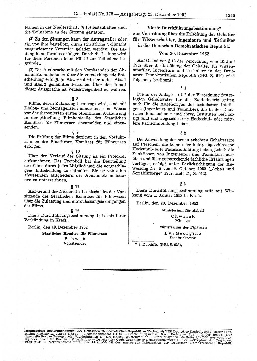 Gesetzblatt (GBl.) der Deutschen Demokratischen Republik (DDR) 1952, Seite 1345 (GBl. DDR 1952, S. 1345)