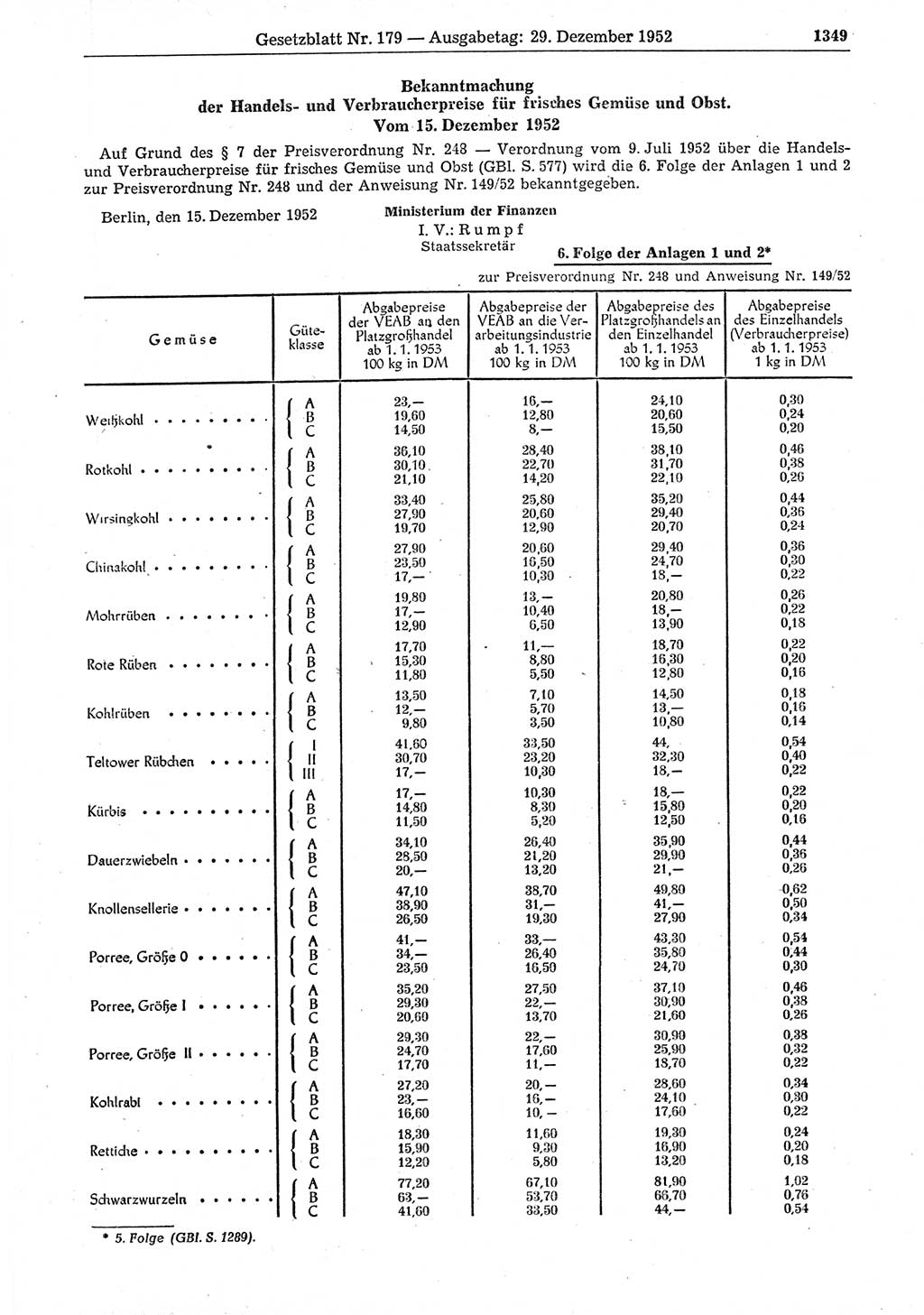 Gesetzblatt (GBl.) der Deutschen Demokratischen Republik (DDR) 1952, Seite 1349 (GBl. DDR 1952, S. 1349)