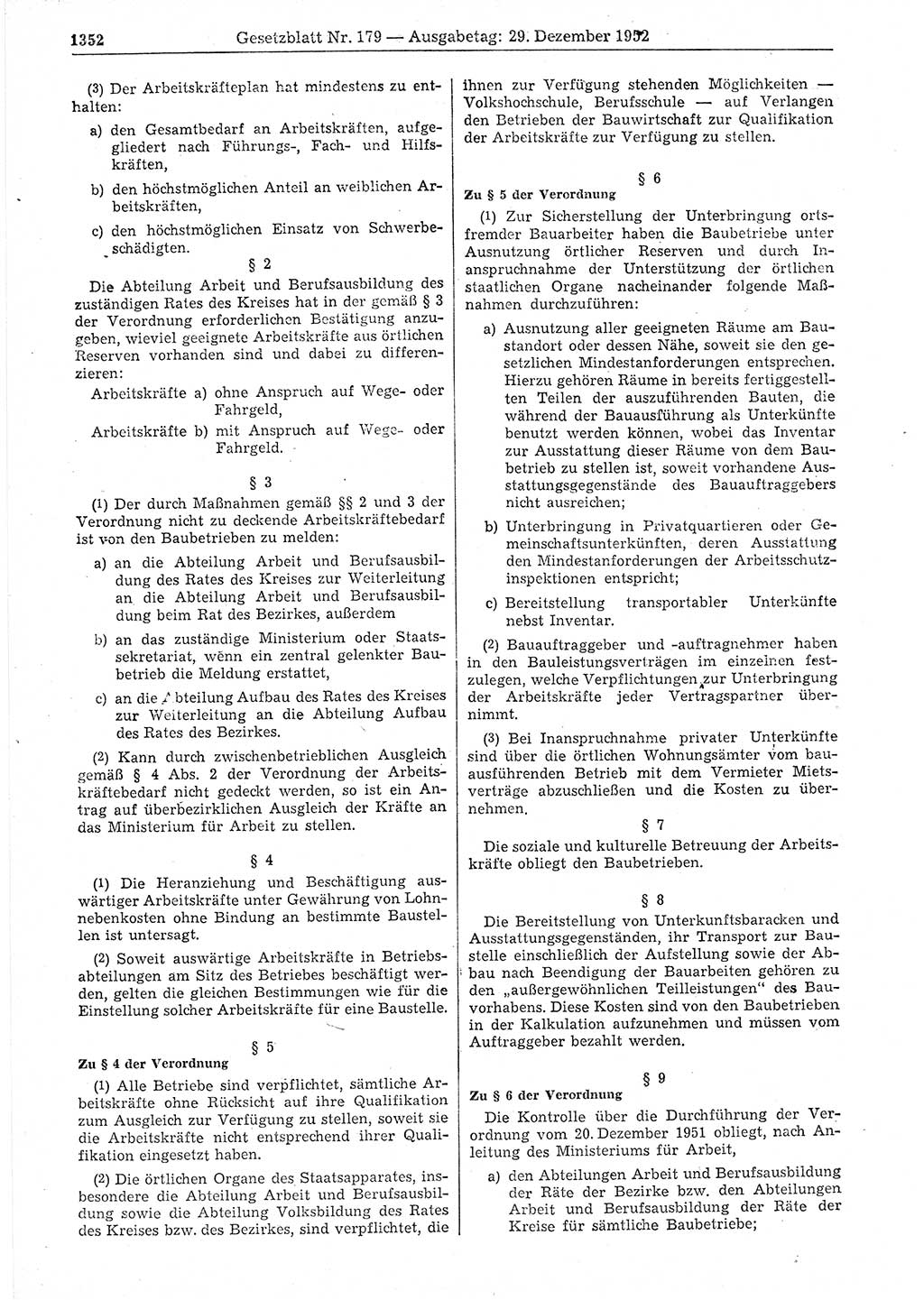 Gesetzblatt (GBl.) der Deutschen Demokratischen Republik (DDR) 1952, Seite 1352 (GBl. DDR 1952, S. 1352)