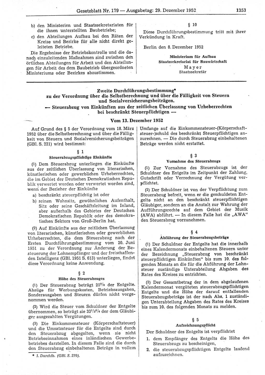 Gesetzblatt (GBl.) der Deutschen Demokratischen Republik (DDR) 1952, Seite 1353 (GBl. DDR 1952, S. 1353)