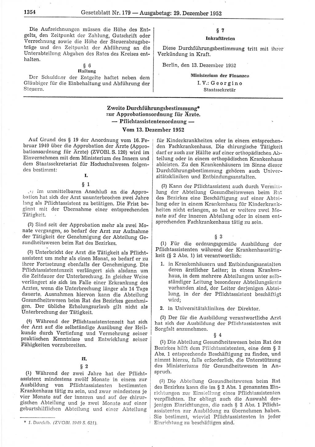 Gesetzblatt (GBl.) der Deutschen Demokratischen Republik (DDR) 1952, Seite 1354 (GBl. DDR 1952, S. 1354)