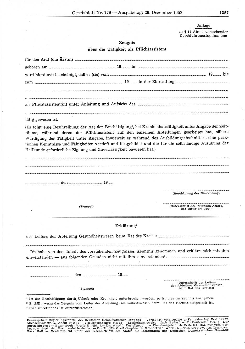 Gesetzblatt (GBl.) der Deutschen Demokratischen Republik (DDR) 1952, Seite 1357 (GBl. DDR 1952, S. 1357)