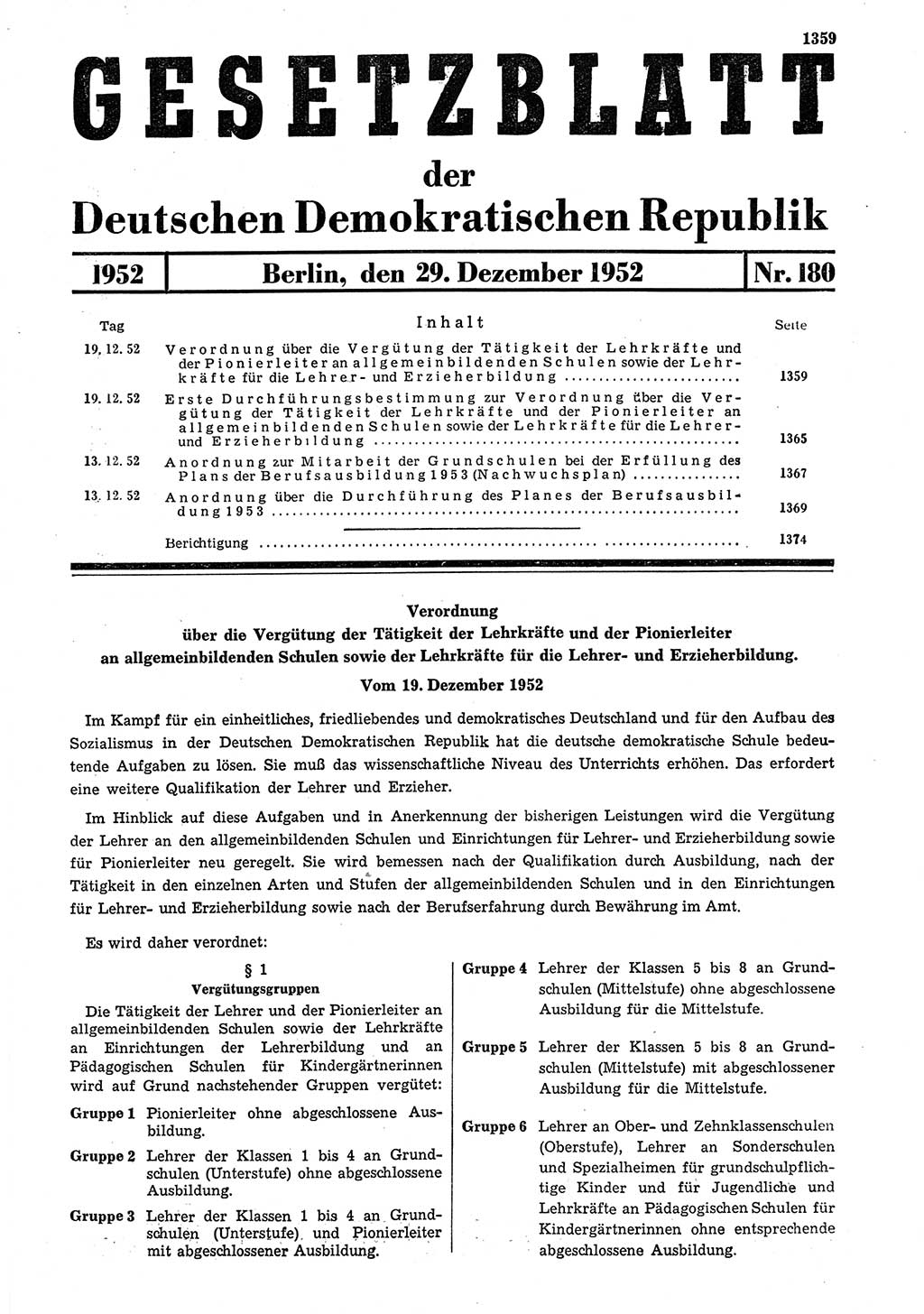 Gesetzblatt (GBl.) der Deutschen Demokratischen Republik (DDR) 1952, Seite 1359 (GBl. DDR 1952, S. 1359)