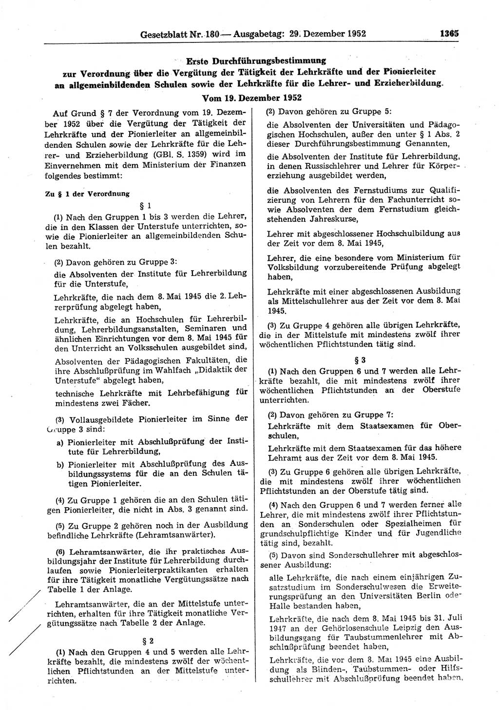 Gesetzblatt (GBl.) der Deutschen Demokratischen Republik (DDR) 1952, Seite 1365 (GBl. DDR 1952, S. 1365)