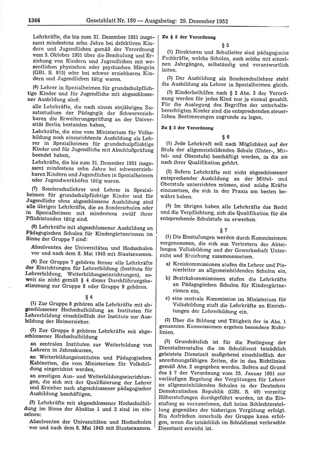 Gesetzblatt (GBl.) der Deutschen Demokratischen Republik (DDR) 1952, Seite 1366 (GBl. DDR 1952, S. 1366)