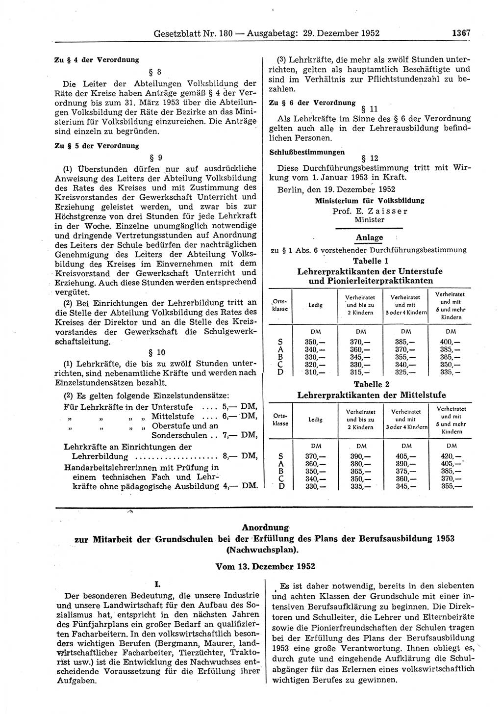 Gesetzblatt (GBl.) der Deutschen Demokratischen Republik (DDR) 1952, Seite 1367 (GBl. DDR 1952, S. 1367)