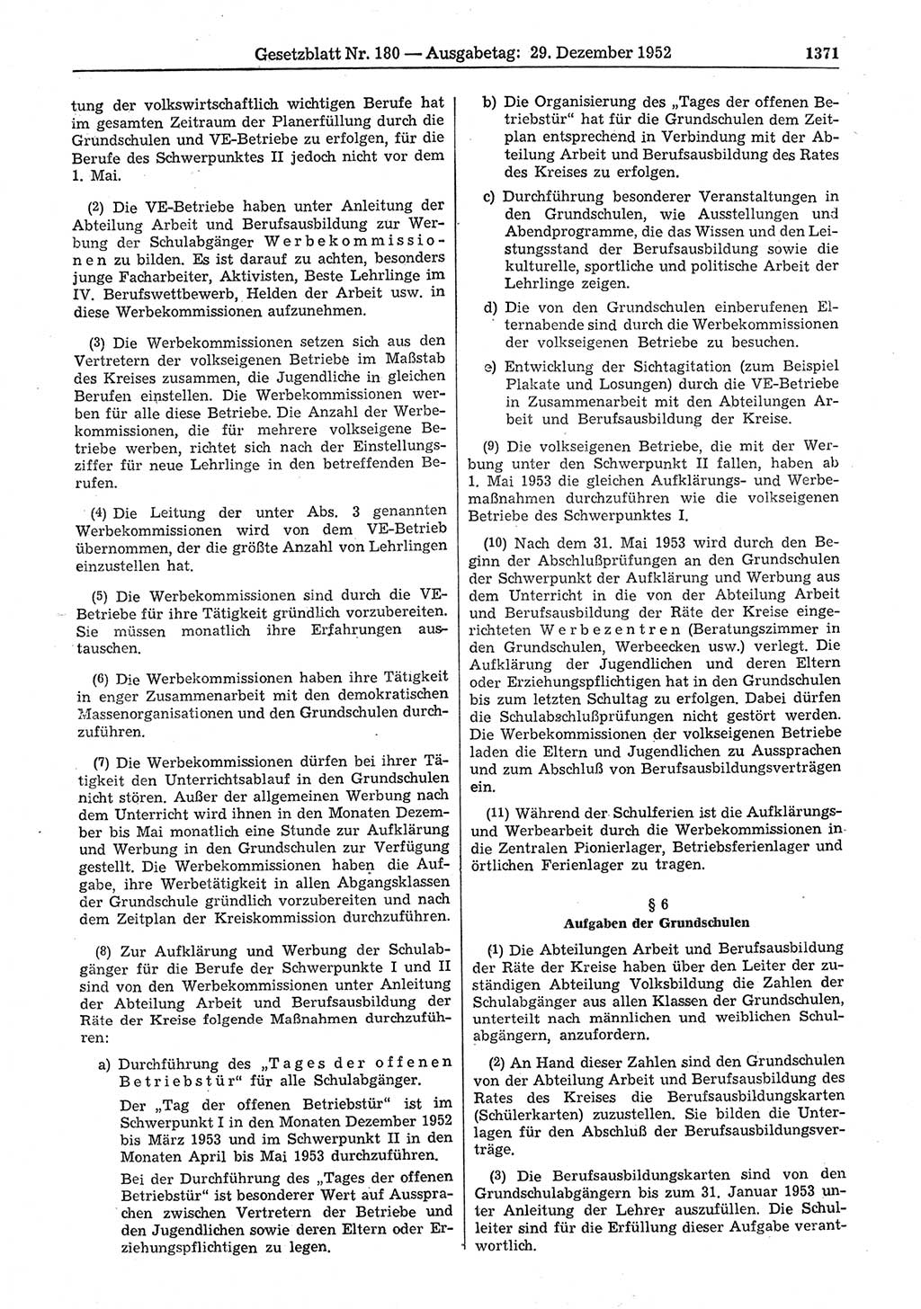 Gesetzblatt (GBl.) der Deutschen Demokratischen Republik (DDR) 1952, Seite 1371 (GBl. DDR 1952, S. 1371)