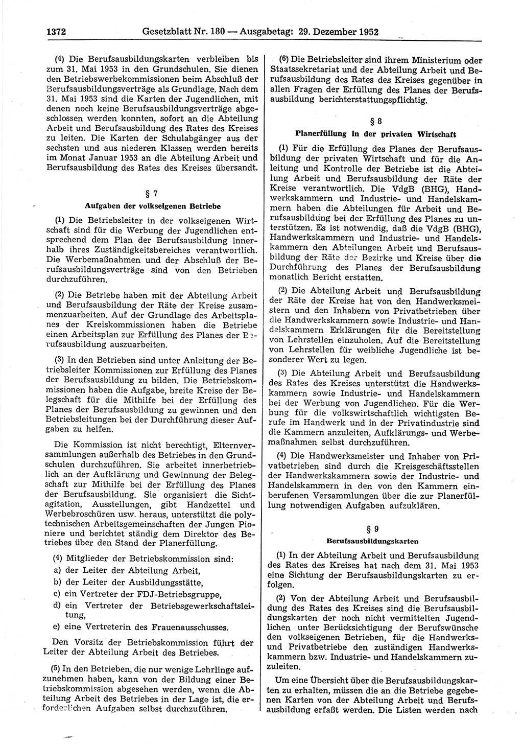 Gesetzblatt (GBl.) der Deutschen Demokratischen Republik (DDR) 1952, Seite 1372 (GBl. DDR 1952, S. 1372)