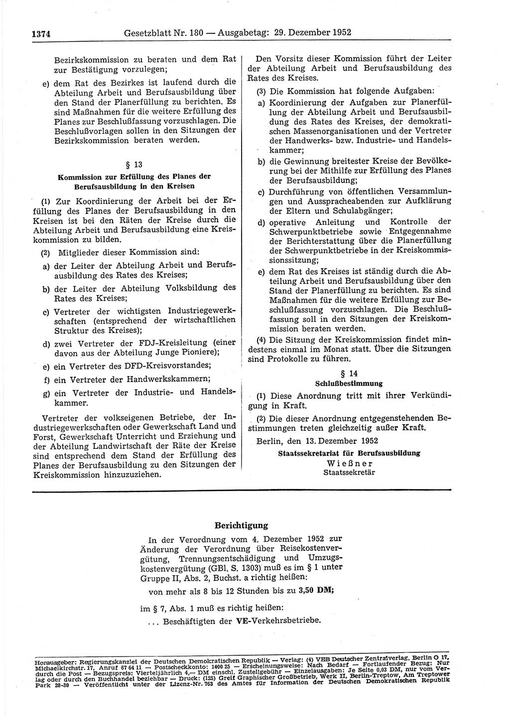 Gesetzblatt (GBl.) der Deutschen Demokratischen Republik (DDR) 1952, Seite 1374 (GBl. DDR 1952, S. 1374)