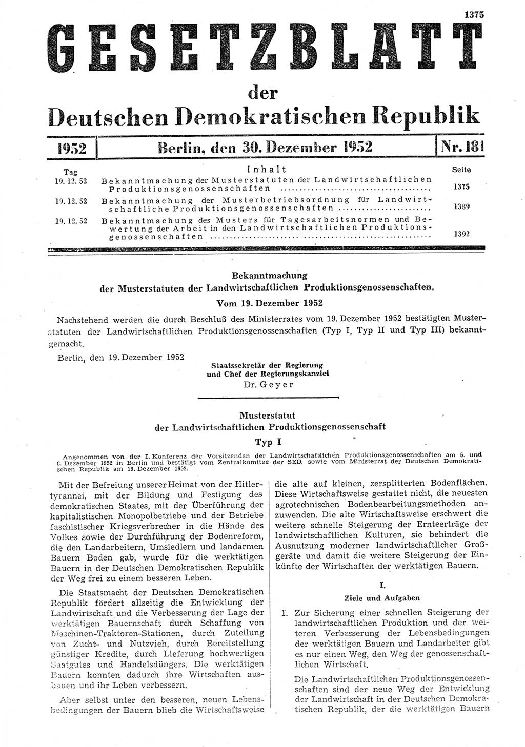 Gesetzblatt (GBl.) der Deutschen Demokratischen Republik (DDR) 1952, Seite 1375 (GBl. DDR 1952, S. 1375)