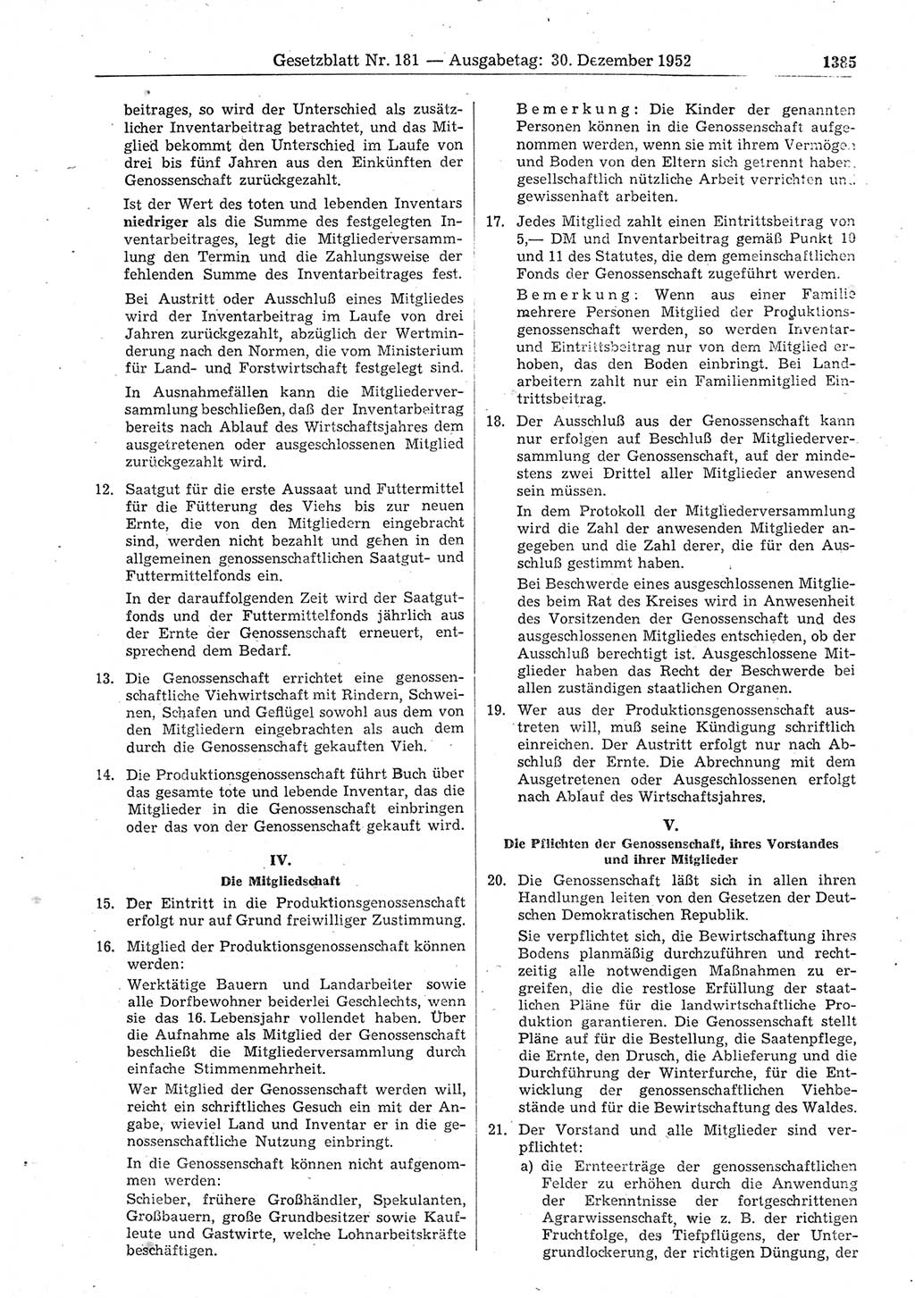 Gesetzblatt (GBl.) der Deutschen Demokratischen Republik (DDR) 1952, Seite 1385 (GBl. DDR 1952, S. 1385)