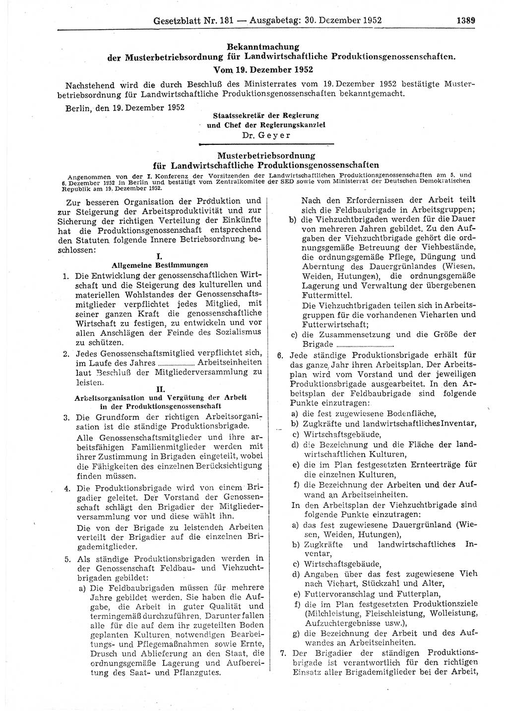 Gesetzblatt (GBl.) der Deutschen Demokratischen Republik (DDR) 1952, Seite 1389 (GBl. DDR 1952, S. 1389)