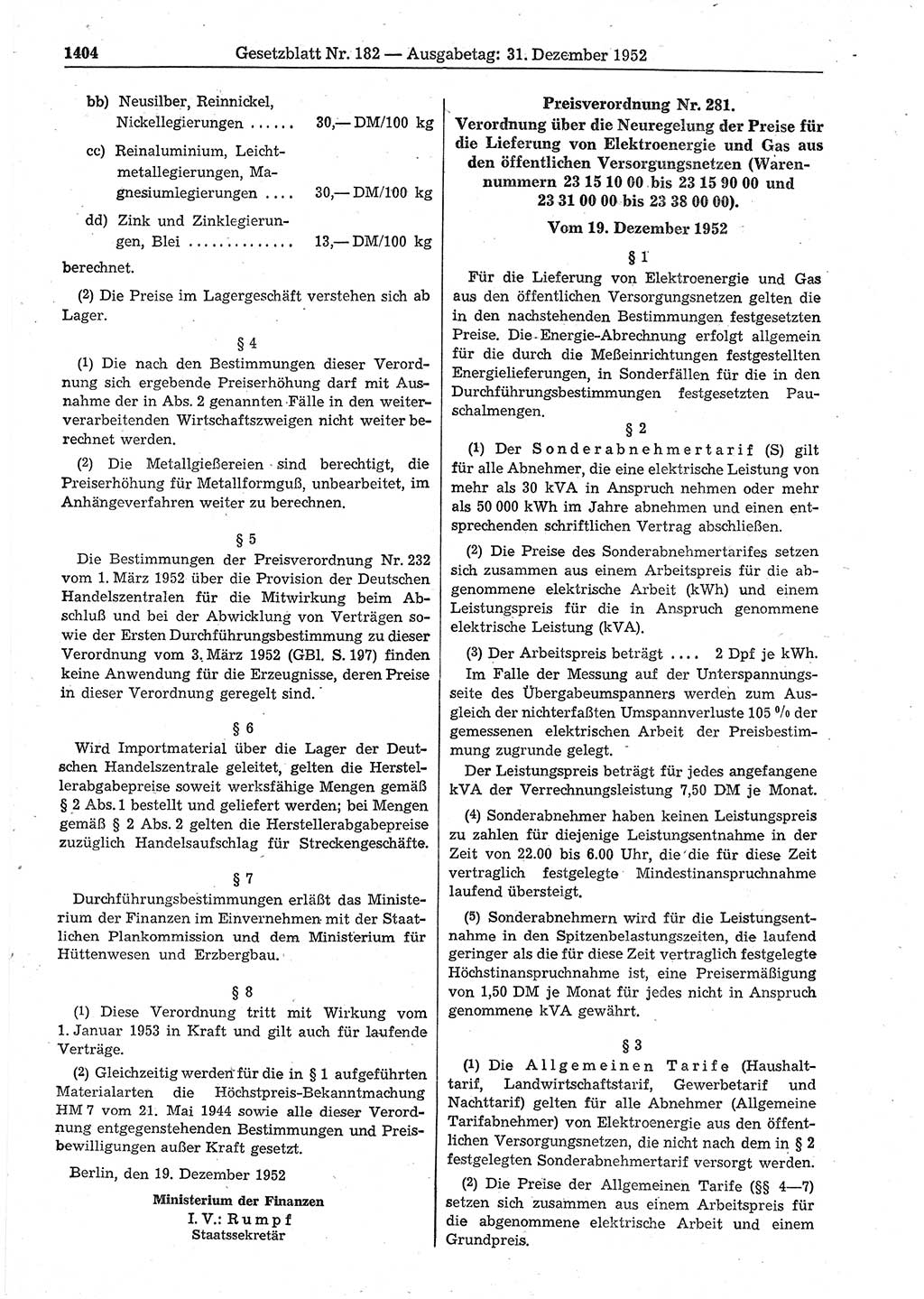 Gesetzblatt (GBl.) der Deutschen Demokratischen Republik (DDR) 1952, Seite 1404 (GBl. DDR 1952, S. 1404)