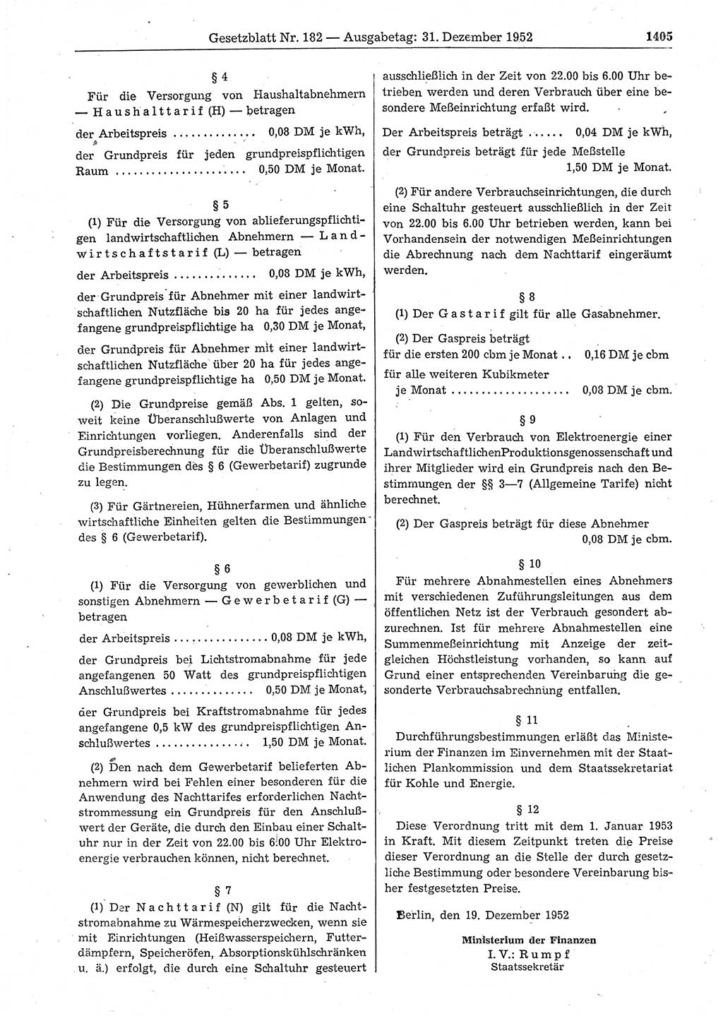 Gesetzblatt (GBl.) der Deutschen Demokratischen Republik (DDR) 1952, Seite 1405 (GBl. DDR 1952, S. 1405)