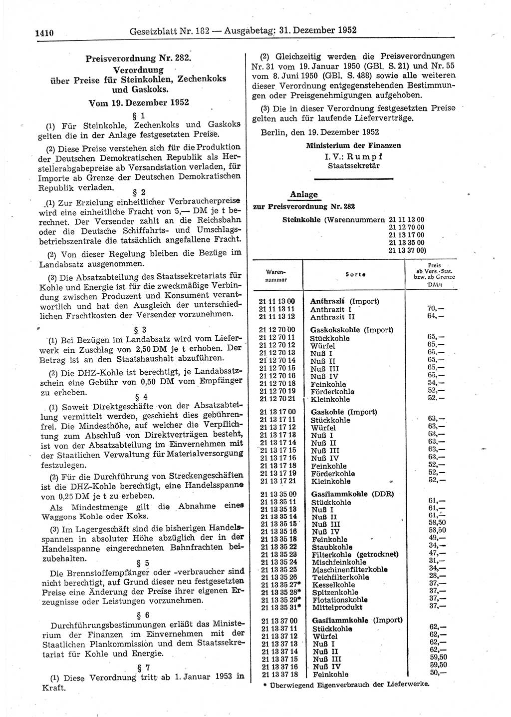 Gesetzblatt (GBl.) der Deutschen Demokratischen Republik (DDR) 1952, Seite 1410 (GBl. DDR 1952, S. 1410)