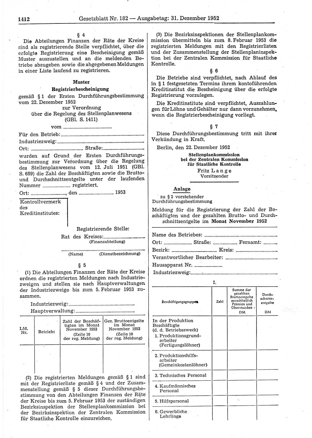 Gesetzblatt (GBl.) der Deutschen Demokratischen Republik (DDR) 1952, Seite 1412 (GBl. DDR 1952, S. 1412)