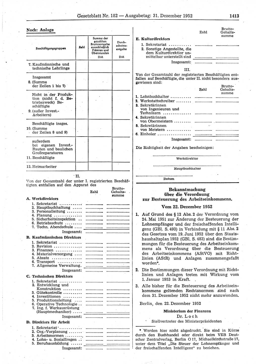 Gesetzblatt (GBl.) der Deutschen Demokratischen Republik (DDR) 1952, Seite 1413 (GBl. DDR 1952, S. 1413)