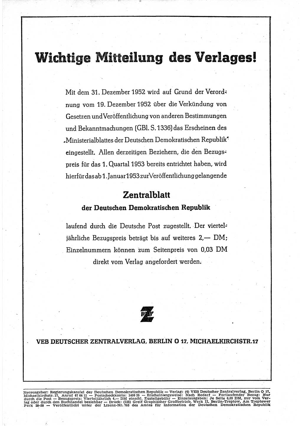 Gesetzblatt (GBl.) der Deutschen Demokratischen Republik (DDR) 1952, Seite 1414 (GBl. DDR 1952, S. 1414)