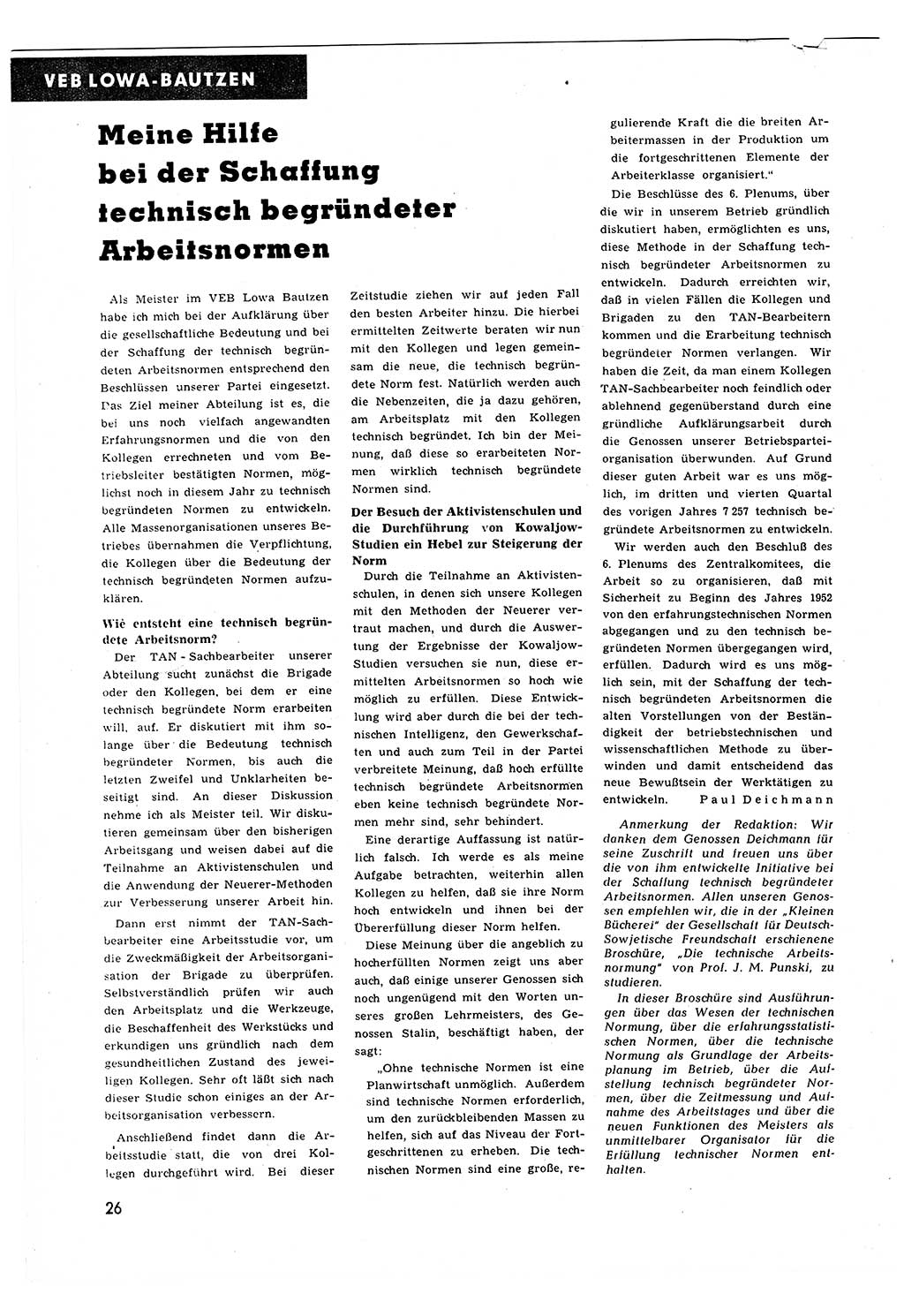 Neuer Weg (NW), Halbmonatsschrift für aktuelle Fragen der Arbeiterbewegung [Zentralkomitee (ZK) Sozialistische Einheitspartei Deutschlands (SED)], 7. Jahrgang [Deutsche Demokratische Republik (DDR)] 1952, Heft 1/26 (NW ZK SED DDR 1952, H. 1/26)