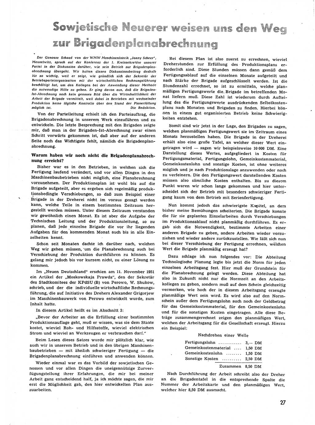 Neuer Weg (NW), Halbmonatsschrift für aktuelle Fragen der Arbeiterbewegung [Zentralkomitee (ZK) Sozialistische Einheitspartei Deutschlands (SED)], 7. Jahrgang [Deutsche Demokratische Republik (DDR)] 1952, Heft 1/27 (NW ZK SED DDR 1952, H. 1/27)