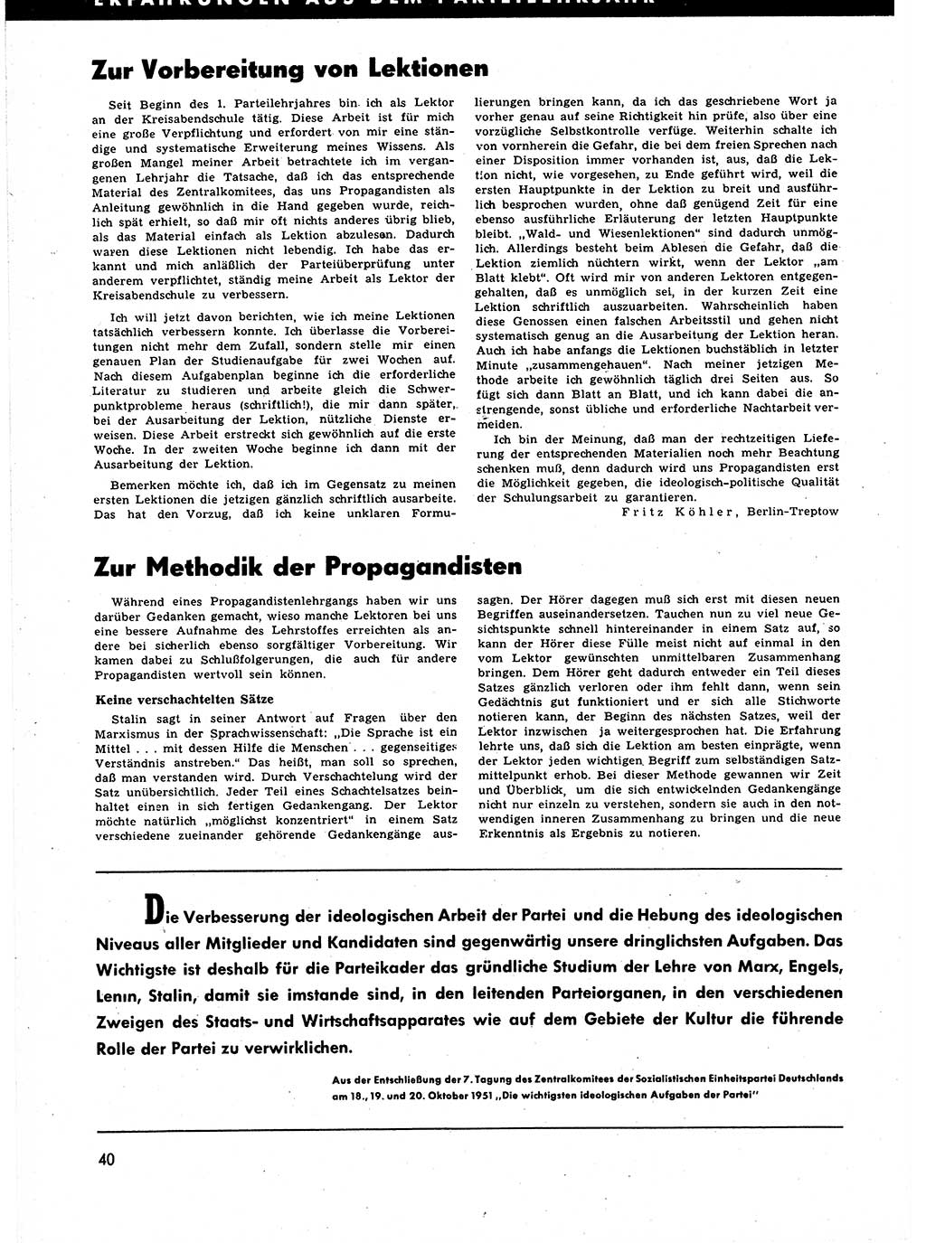 Neuer Weg (NW), Halbmonatsschrift für aktuelle Fragen der Arbeiterbewegung [Zentralkomitee (ZK) Sozialistische Einheitspartei Deutschlands (SED)], 7. Jahrgang [Deutsche Demokratische Republik (DDR)] 1952, Heft 1/40 (NW ZK SED DDR 1952, H. 1/40)