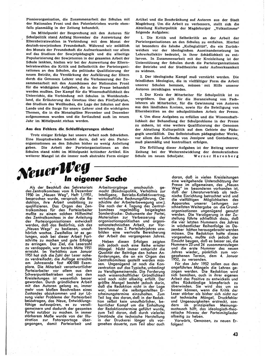 Neuer Weg (NW), Halbmonatsschrift für aktuelle Fragen der Arbeiterbewegung [Zentralkomitee (ZK) Sozialistische Einheitspartei Deutschlands (SED)], 7. Jahrgang [Deutsche Demokratische Republik (DDR)] 1952, Heft 1/43 (NW ZK SED DDR 1952, H. 1/43)