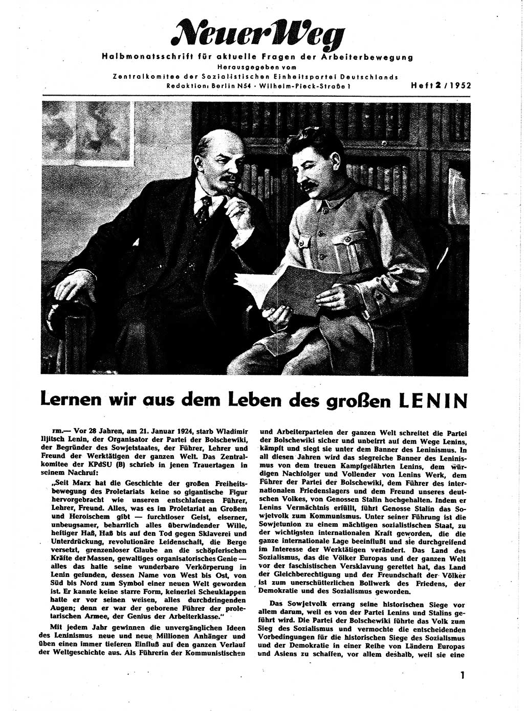 Neuer Weg (NW), Halbmonatsschrift für aktuelle Fragen der Arbeiterbewegung [Zentralkomitee (ZK) Sozialistische Einheitspartei Deutschlands (SED)], 7. Jahrgang [Deutsche Demokratische Republik (DDR)] 1952, Heft 2/1 (NW ZK SED DDR 1952, H. 2/1)
