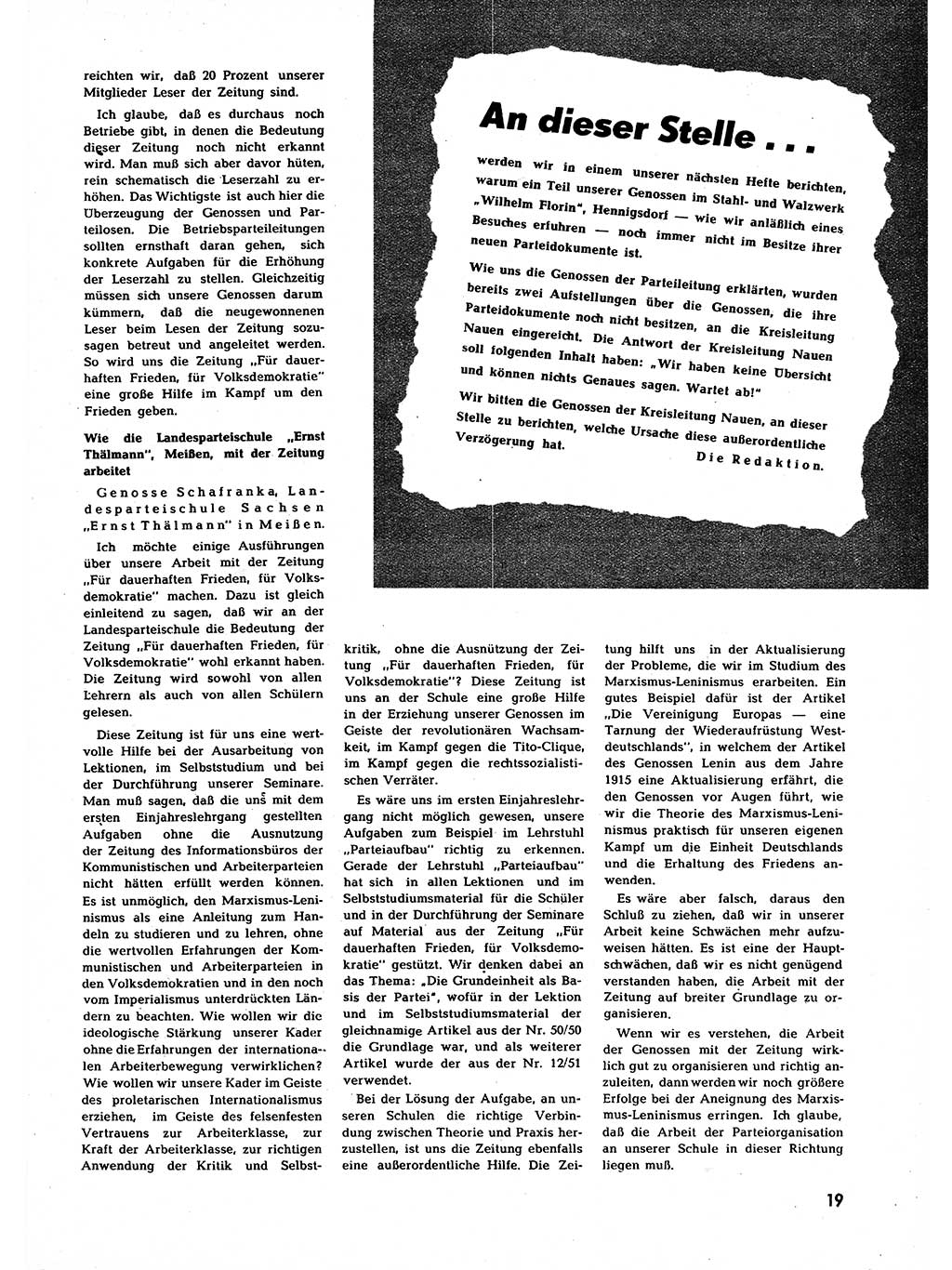 Neuer Weg (NW), Halbmonatsschrift für aktuelle Fragen der Arbeiterbewegung [Zentralkomitee (ZK) Sozialistische Einheitspartei Deutschlands (SED)], 7. Jahrgang [Deutsche Demokratische Republik (DDR)] 1952, Heft 2/19 (NW ZK SED DDR 1952, H. 2/19)