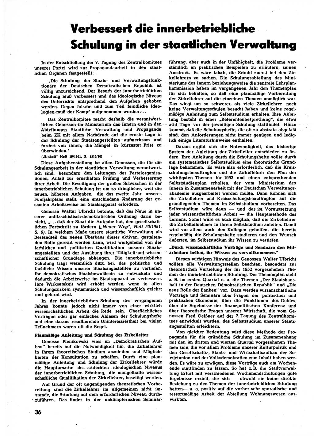 Neuer Weg (NW), Halbmonatsschrift für aktuelle Fragen der Arbeiterbewegung [Zentralkomitee (ZK) Sozialistische Einheitspartei Deutschlands (SED)], 7. Jahrgang [Deutsche Demokratische Republik (DDR)] 1952, Heft 2/36 (NW ZK SED DDR 1952, H. 2/36)