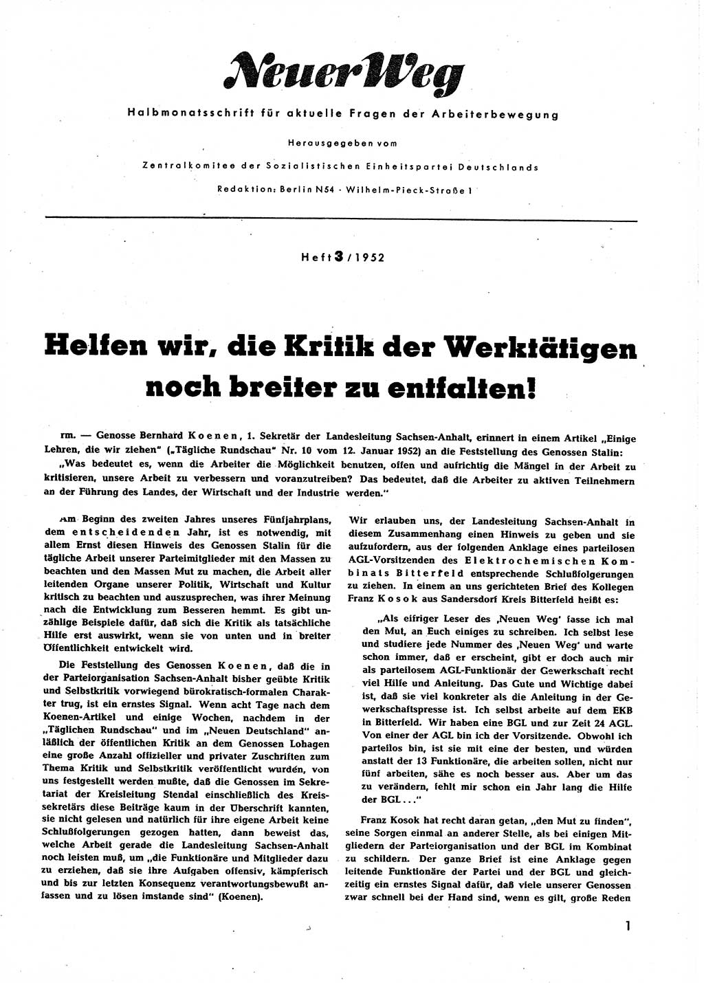 Neuer Weg (NW), Halbmonatsschrift für aktuelle Fragen der Arbeiterbewegung [Zentralkomitee (ZK) Sozialistische Einheitspartei Deutschlands (SED)], 7. Jahrgang [Deutsche Demokratische Republik (DDR)] 1952, Heft 3/1 (NW ZK SED DDR 1952, H. 3/1)
