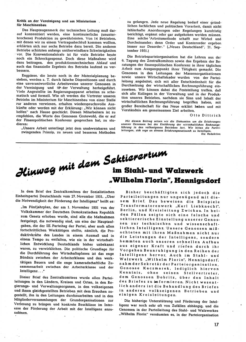 Neuer Weg (NW), Halbmonatsschrift für aktuelle Fragen der Arbeiterbewegung [Zentralkomitee (ZK) Sozialistische Einheitspartei Deutschlands (SED)], 7. Jahrgang [Deutsche Demokratische Republik (DDR)] 1952, Heft 3/17 (NW ZK SED DDR 1952, H. 3/17)