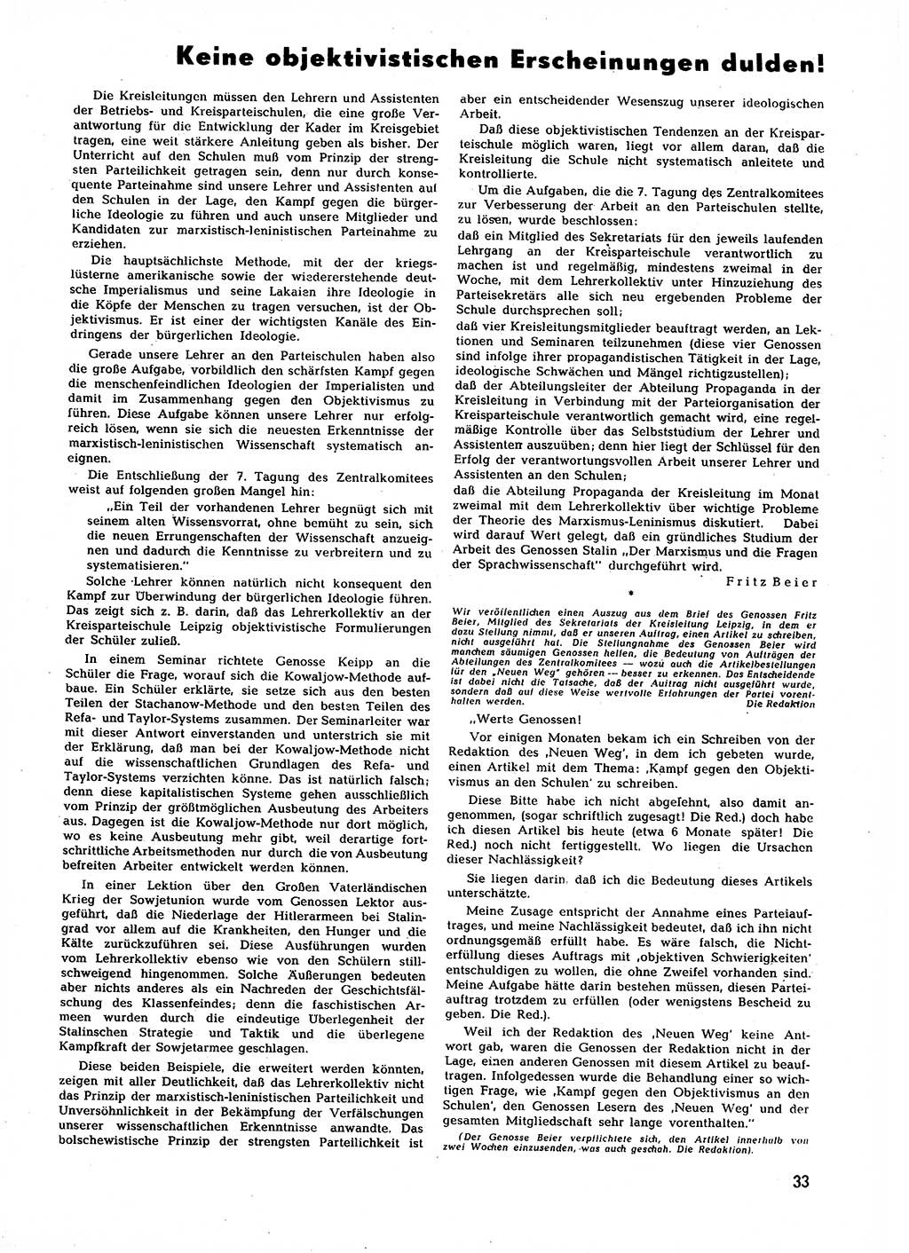 Neuer Weg (NW), Halbmonatsschrift für aktuelle Fragen der Arbeiterbewegung [Zentralkomitee (ZK) Sozialistische Einheitspartei Deutschlands (SED)], 7. Jahrgang [Deutsche Demokratische Republik (DDR)] 1952, Heft 3/33 (NW ZK SED DDR 1952, H. 3/33)
