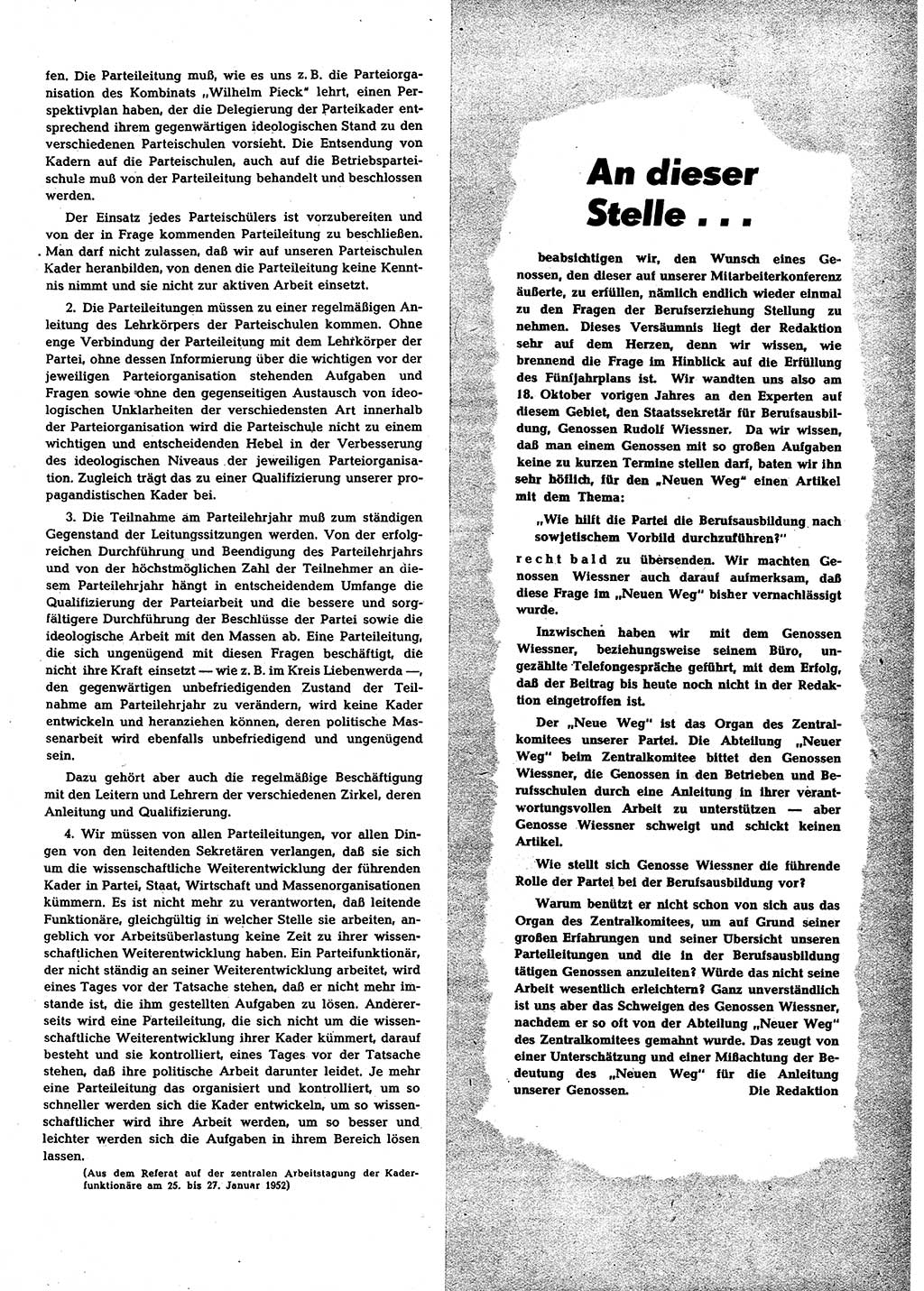 Neuer Weg (NW), Halbmonatsschrift für aktuelle Fragen der Arbeiterbewegung [Zentralkomitee (ZK) Sozialistische Einheitspartei Deutschlands (SED)], 7. Jahrgang [Deutsche Demokratische Republik (DDR)] 1952, Heft 4/17 (NW ZK SED DDR 1952, H. 4/17)