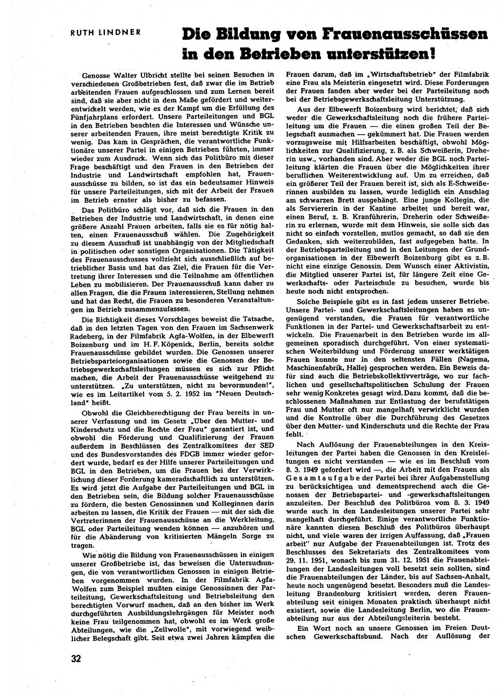 Neuer Weg (NW), Halbmonatsschrift für aktuelle Fragen der Arbeiterbewegung [Zentralkomitee (ZK) Sozialistische Einheitspartei Deutschlands (SED)], 7. Jahrgang [Deutsche Demokratische Republik (DDR)] 1952, Heft 4/32 (NW ZK SED DDR 1952, H. 4/32)