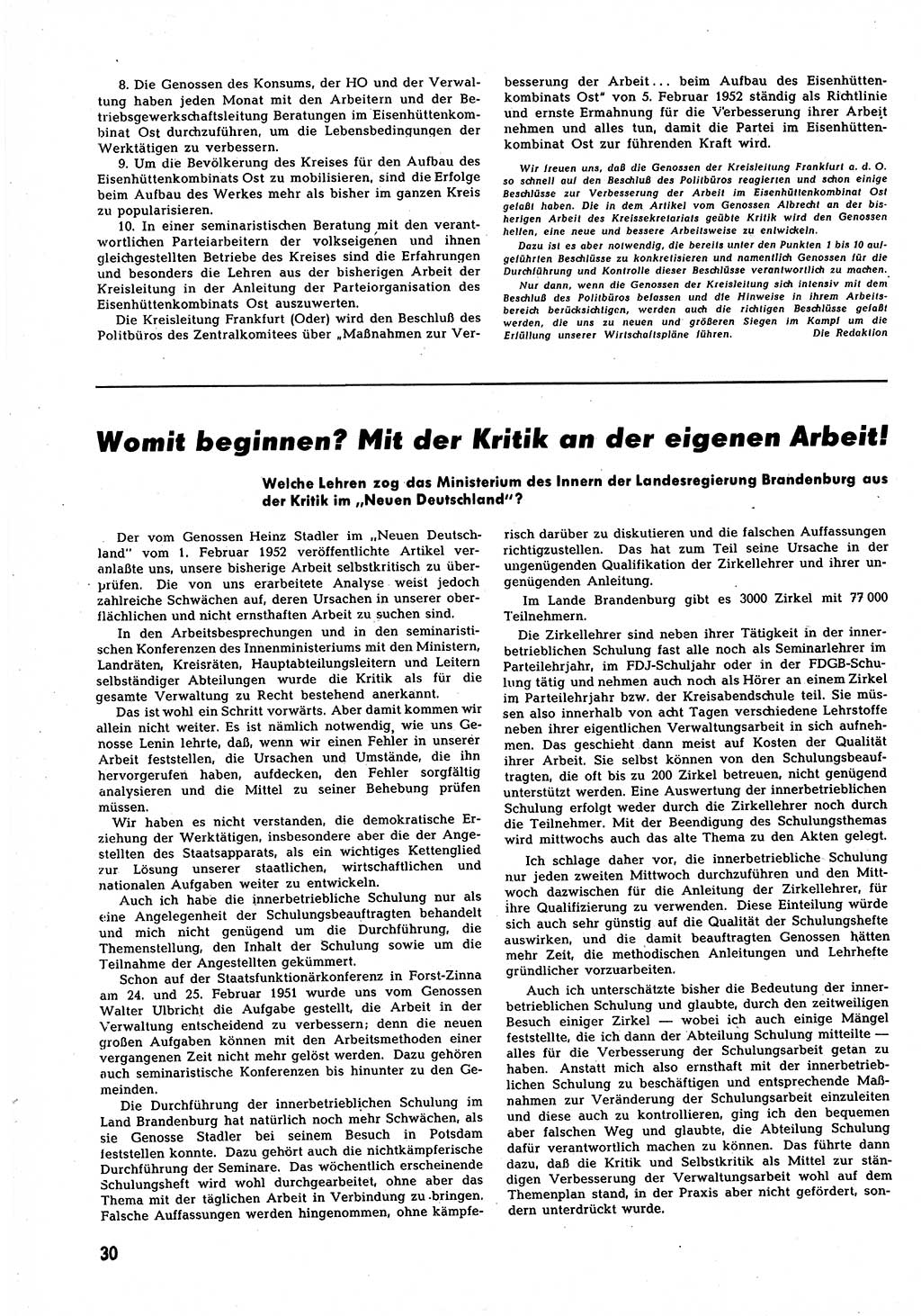 Neuer Weg (NW), Halbmonatsschrift für aktuelle Fragen der Arbeiterbewegung [Zentralkomitee (ZK) Sozialistische Einheitspartei Deutschlands (SED)], 7. Jahrgang [Deutsche Demokratische Republik (DDR)] 1952, Heft 5/30 (NW ZK SED DDR 1952, H. 5/30)