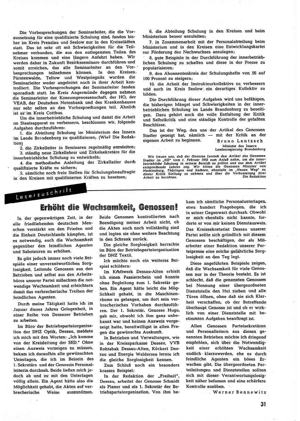 Neuer Weg (NW), Halbmonatsschrift für aktuelle Fragen der Arbeiterbewegung [Zentralkomitee (ZK) Sozialistische Einheitspartei Deutschlands (SED)], 7. Jahrgang [Deutsche Demokratische Republik (DDR)] 1952, Heft 5/31 (NW ZK SED DDR 1952, H. 5/31)