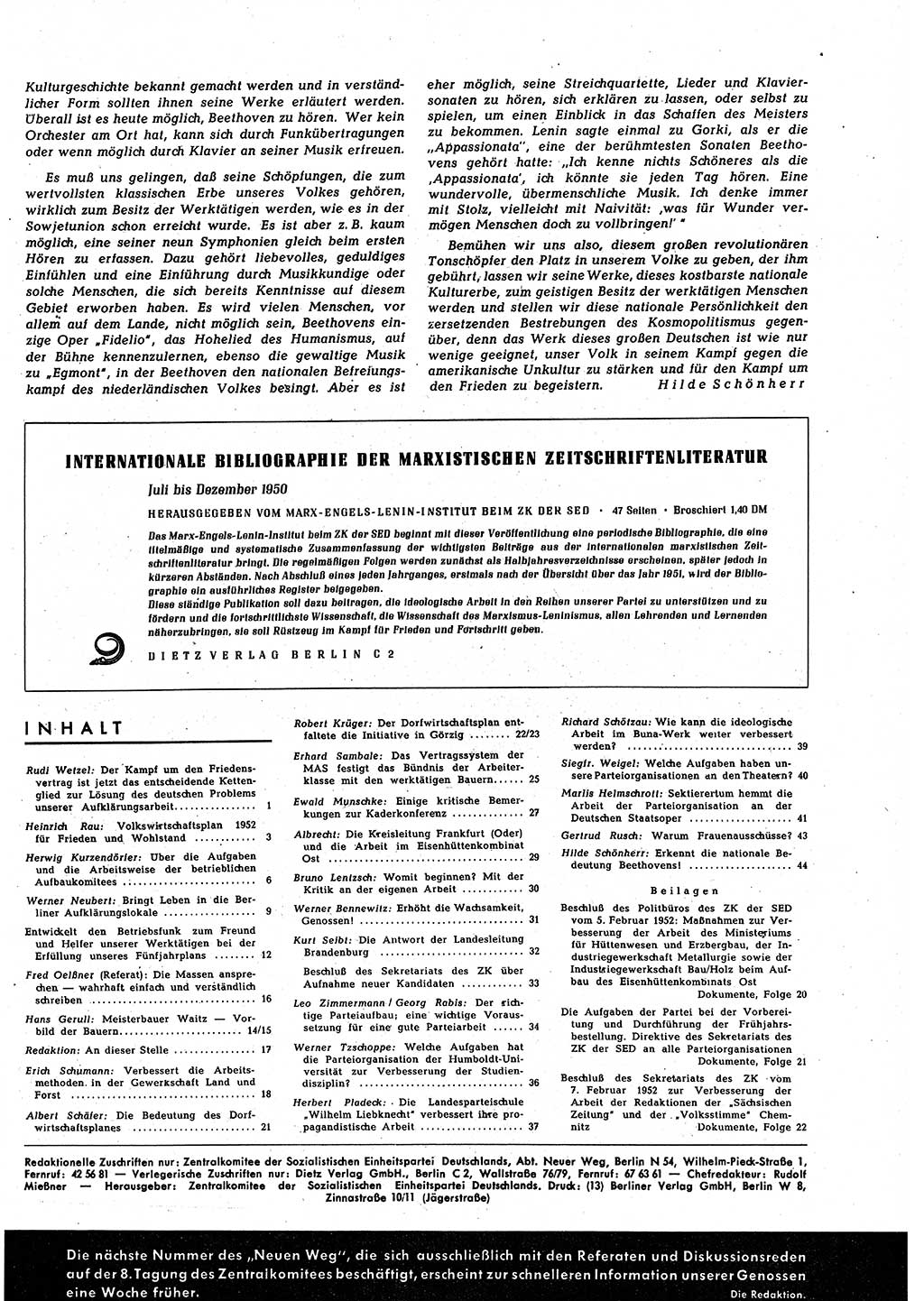 Neuer Weg (NW), Halbmonatsschrift für aktuelle Fragen der Arbeiterbewegung [Zentralkomitee (ZK) Sozialistische Einheitspartei Deutschlands (SED)], 7. Jahrgang [Deutsche Demokratische Republik (DDR)] 1952, Heft 5/45 (NW ZK SED DDR 1952, H. 5/45)