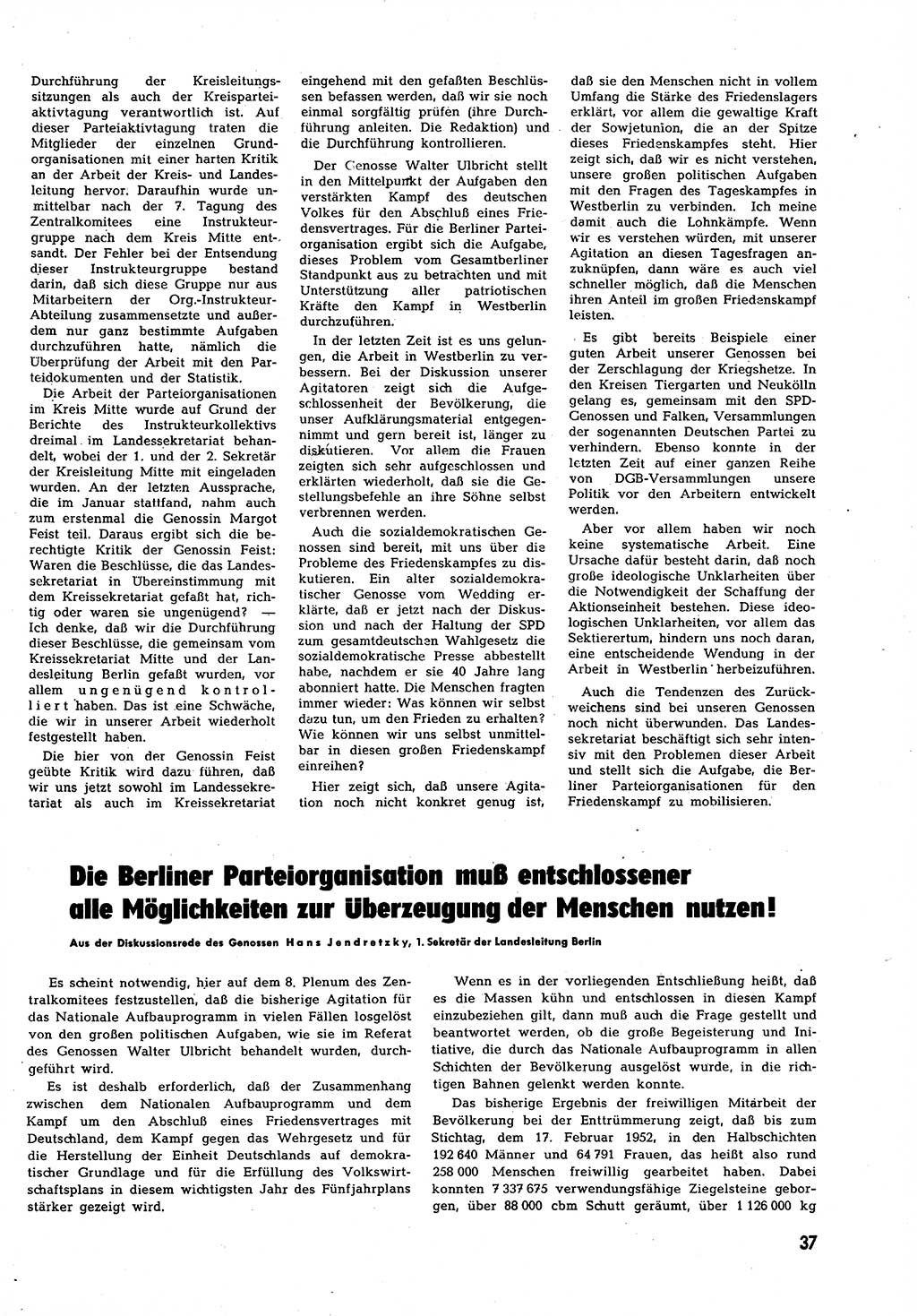 Neuer Weg (NW), Halbmonatsschrift fÃ¼r aktuelle Fragen der Arbeiterbewegung [Zentralkomitee (ZK) Sozialistische Einheitspartei Deutschlands (SED)], 7. Jahrgang [Deutsche Demokratische Republik (DDR)] 1952, Heft 6/37 (NW ZK SED DDR 1952, H. 6/37)