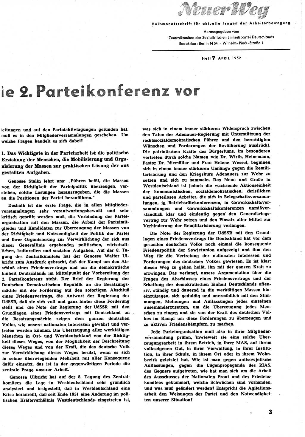 Neuer Weg (NW), Halbmonatsschrift für aktuelle Fragen der Arbeiterbewegung [Zentralkomitee (ZK) Sozialistische Einheitspartei Deutschlands (SED)], 7. Jahrgang [Deutsche Demokratische Republik (DDR)] 1952, Heft 7/3 (NW ZK SED DDR 1952, H. 7/3)