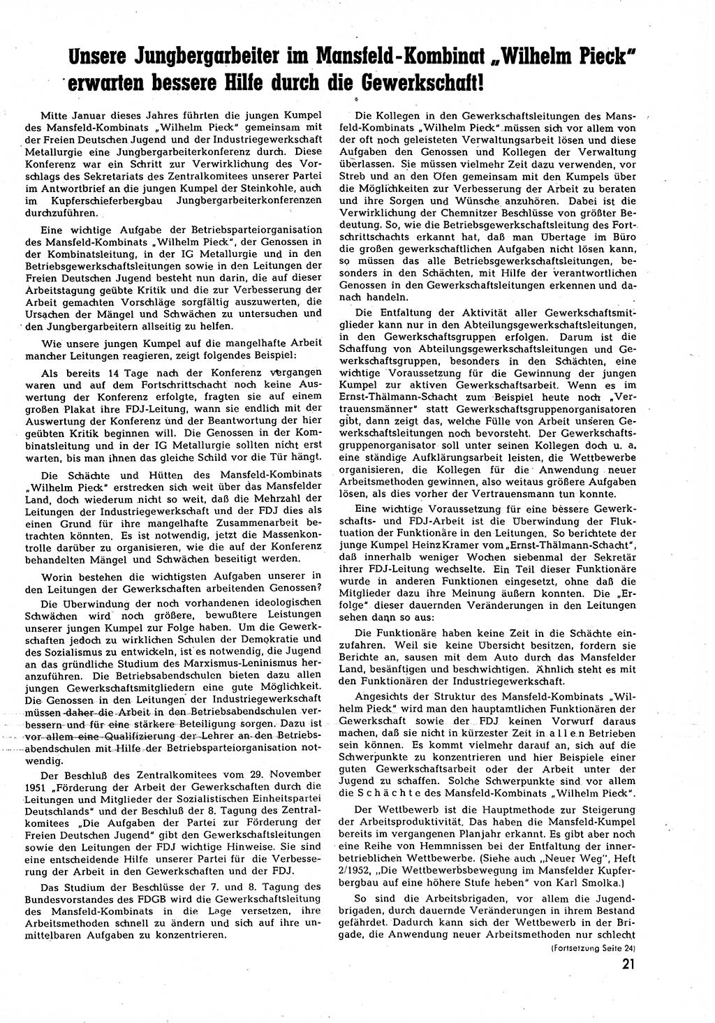 Neuer Weg (NW), Halbmonatsschrift für aktuelle Fragen der Arbeiterbewegung [Zentralkomitee (ZK) Sozialistische Einheitspartei Deutschlands (SED)], 7. Jahrgang [Deutsche Demokratische Republik (DDR)] 1952, Heft 7/21 (NW ZK SED DDR 1952, H. 7/21)