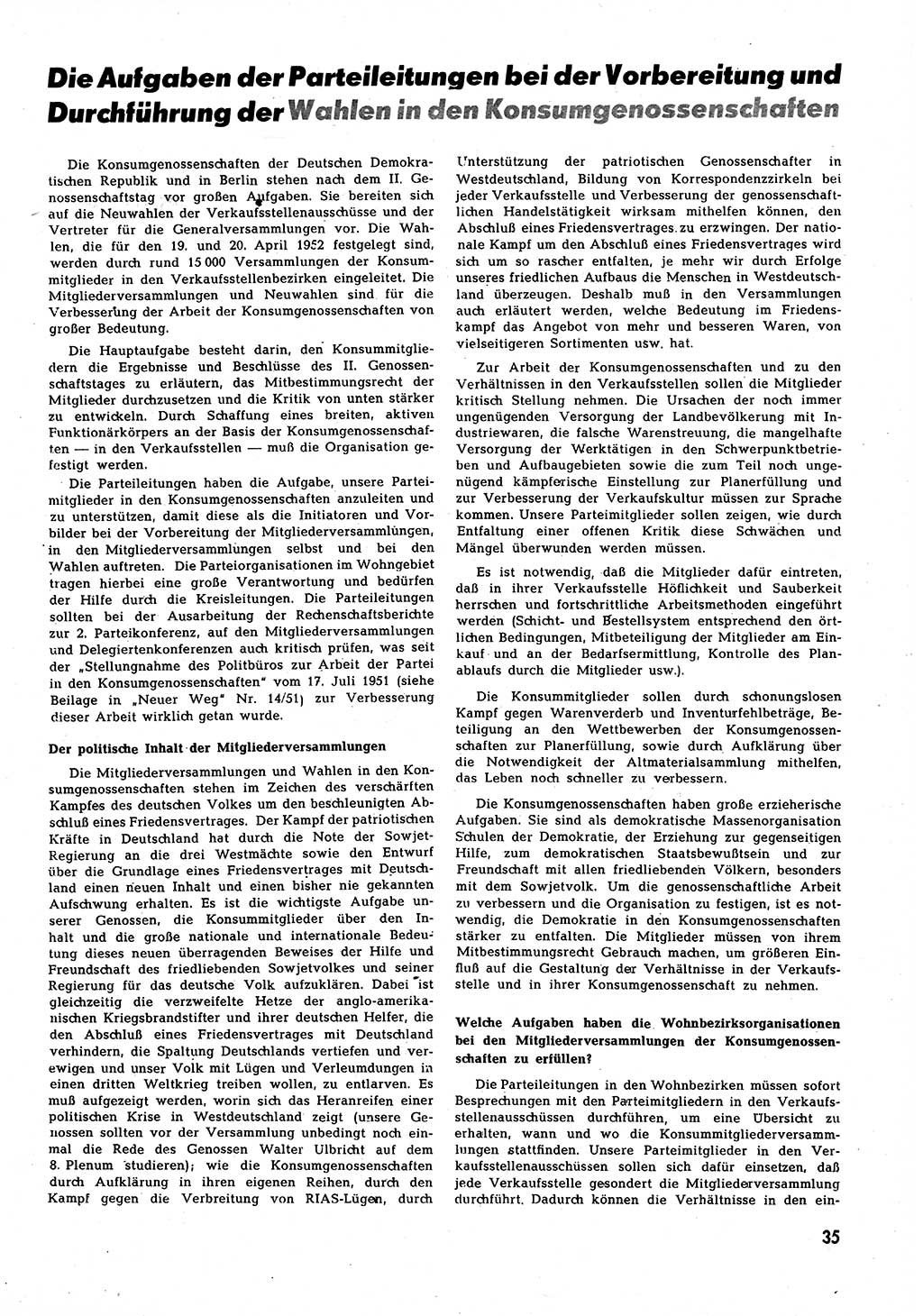 Neuer Weg (NW), Halbmonatsschrift für aktuelle Fragen der Arbeiterbewegung [Zentralkomitee (ZK) Sozialistische Einheitspartei Deutschlands (SED)], 7. Jahrgang [Deutsche Demokratische Republik (DDR)] 1952, Heft 7/35 (NW ZK SED DDR 1952, H. 7/35)