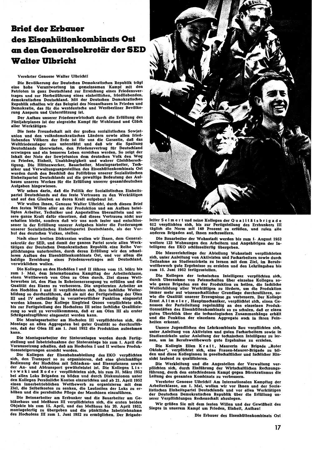 Neuer Weg (NW), Halbmonatsschrift für aktuelle Fragen der Arbeiterbewegung [Zentralkomitee (ZK) Sozialistische Einheitspartei Deutschlands (SED)], 7. Jahrgang [Deutsche Demokratische Republik (DDR)] 1952, Heft 8/17 (NW ZK SED DDR 1952, H. 8/17)