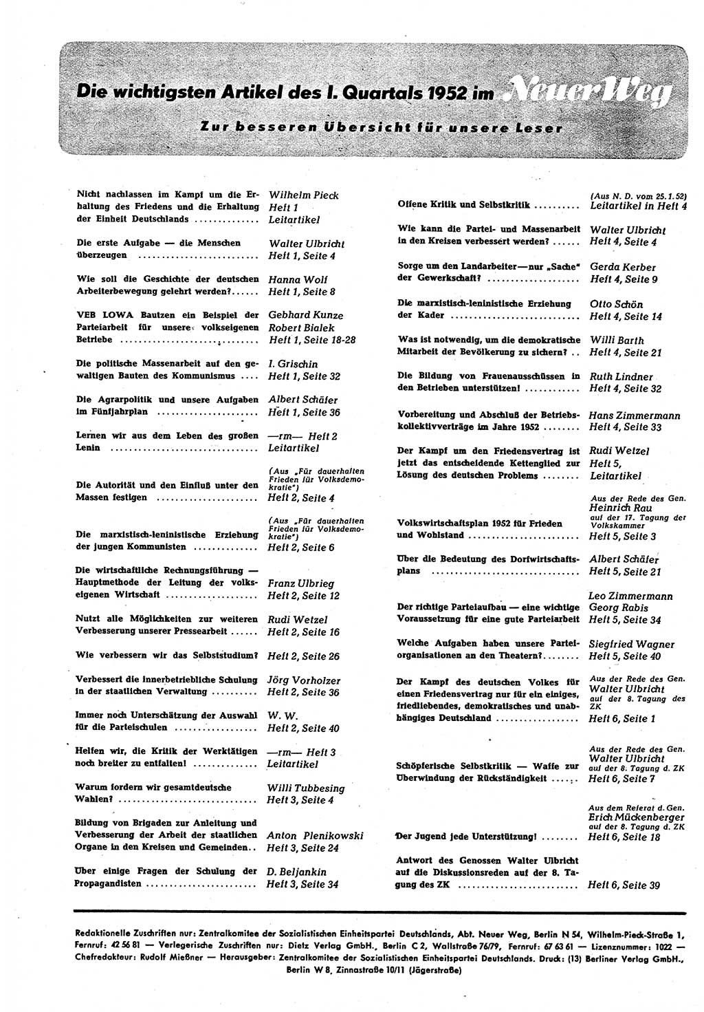 Neuer Weg (NW), Halbmonatsschrift für aktuelle Fragen der Arbeiterbewegung [Zentralkomitee (ZK) Sozialistische Einheitspartei Deutschlands (SED)], 7. Jahrgang [Deutsche Demokratische Republik (DDR)] 1952, Heft 9/44 (NW ZK SED DDR 1952, H. 9/44)