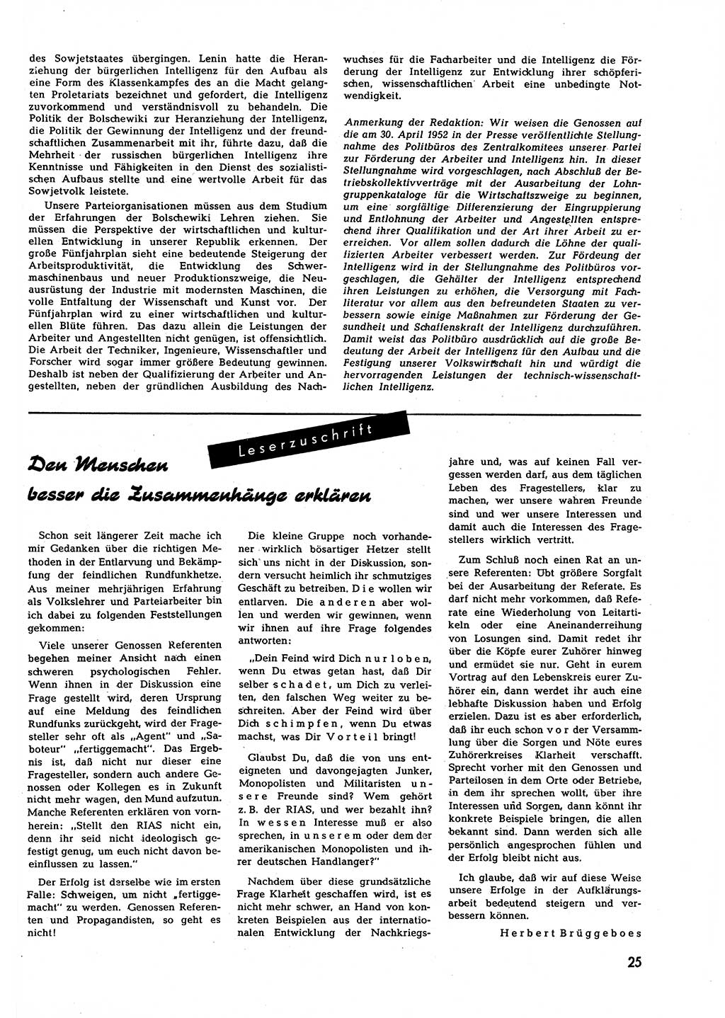 Neuer Weg (NW), Halbmonatsschrift für aktuelle Fragen der Arbeiterbewegung [Zentralkomitee (ZK) Sozialistische Einheitspartei Deutschlands (SED)], 7. Jahrgang [Deutsche Demokratische Republik (DDR)] 1952, Heft 10/25 (NW ZK SED DDR 1952, H. 10/25)