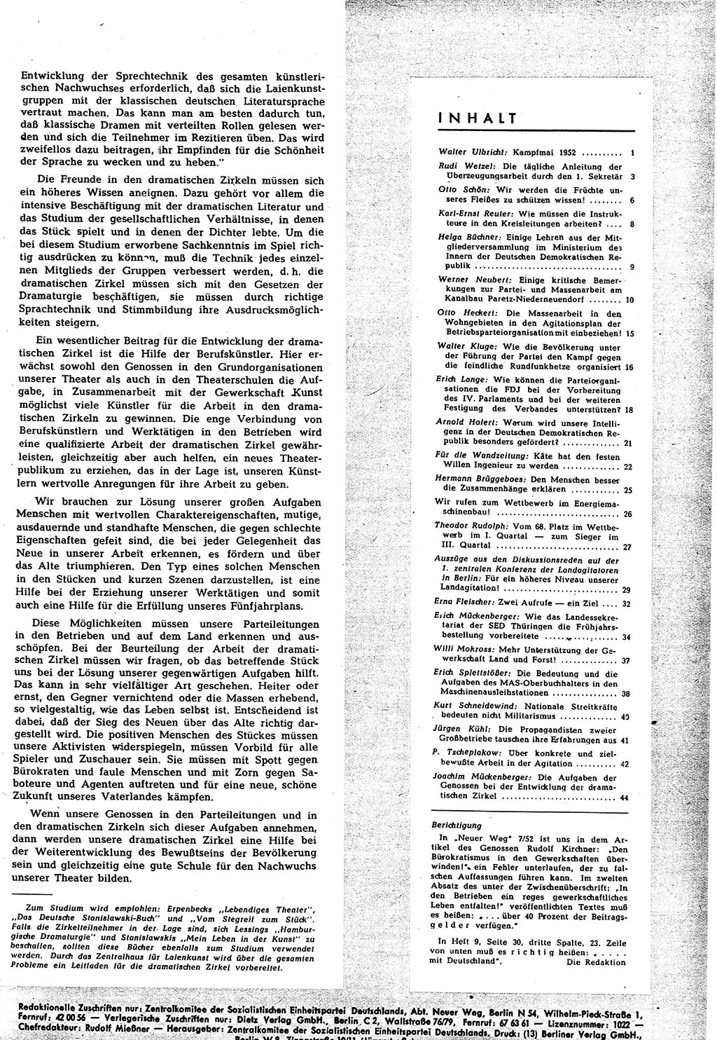 Neuer Weg (NW), Halbmonatsschrift für aktuelle Fragen der Arbeiterbewegung [Zentralkomitee (ZK) Sozialistische Einheitspartei Deutschlands (SED)], 7. Jahrgang [Deutsche Demokratische Republik (DDR)] 1952, Heft 10/45 (NW ZK SED DDR 1952, H. 10/45)